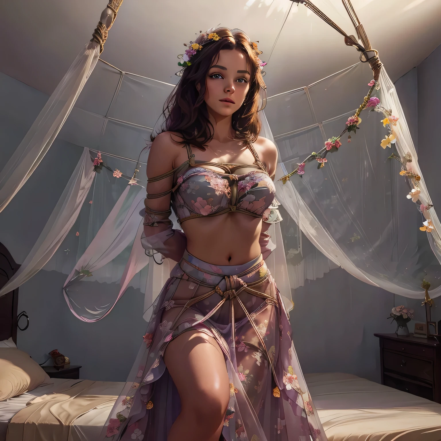 1girl,(bright lighting,romantic setting),dreamy background,,dark hair, mesmerizing gaze, , soft skin, alluring beauty, artistic portrait, high-quality image, vibrant colors,long floral sheer skirt, mosquito net, romantic bedroom, sidesuspension,solobound,veil,barefoot
