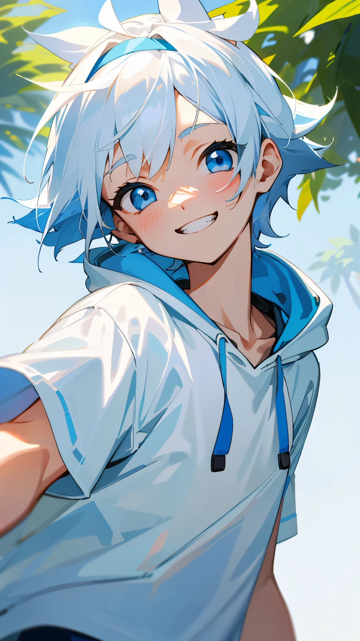 girl、short hair like a boy、dark blue hair、light blue eyes、white hair band、looking at the viewer、grin、wearing a white hoodie、white t-shirt、upper body close-up、shorts、Early summer street tree background