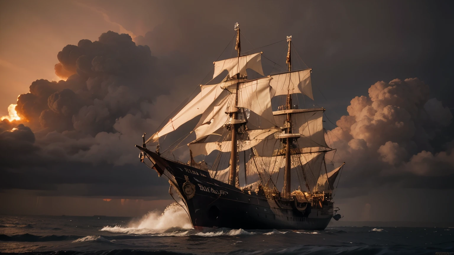 Pirate Ship in a red firey storm with gold