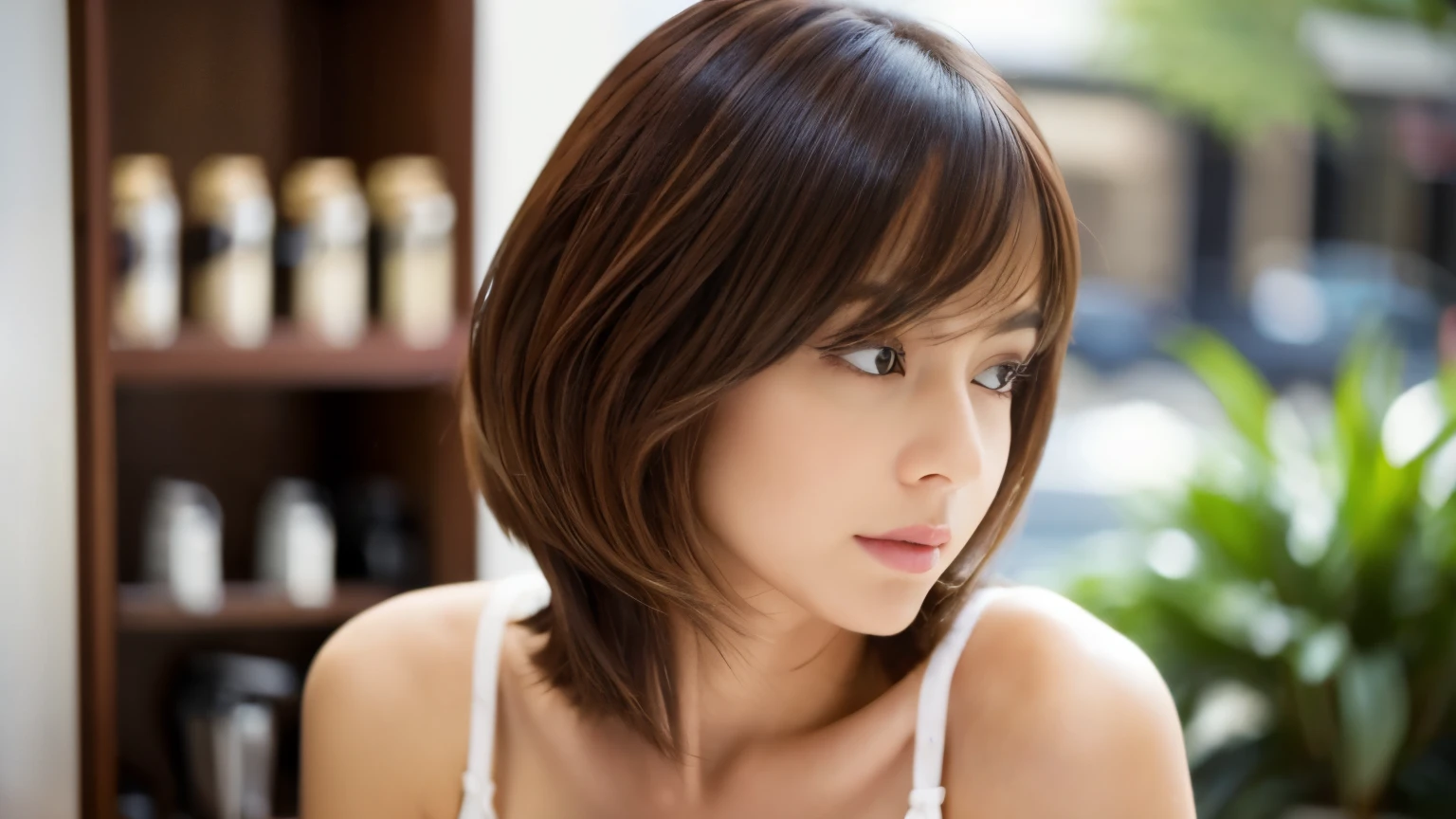 Realistic female beauty salon model,　bob style hairstyle japanese、Inside the cafe