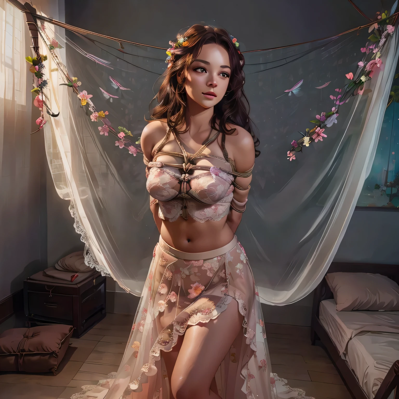 1girl,(bright lighting,romantic setting),dreamy background,,dark hair, mesmerizing gaze, , soft skin, alluring beauty, artistic portrait, high-quality image, vibrant colors,nude but long floral lace skirt, mosquito net, romantic bedroom, sidesuspension,solobound