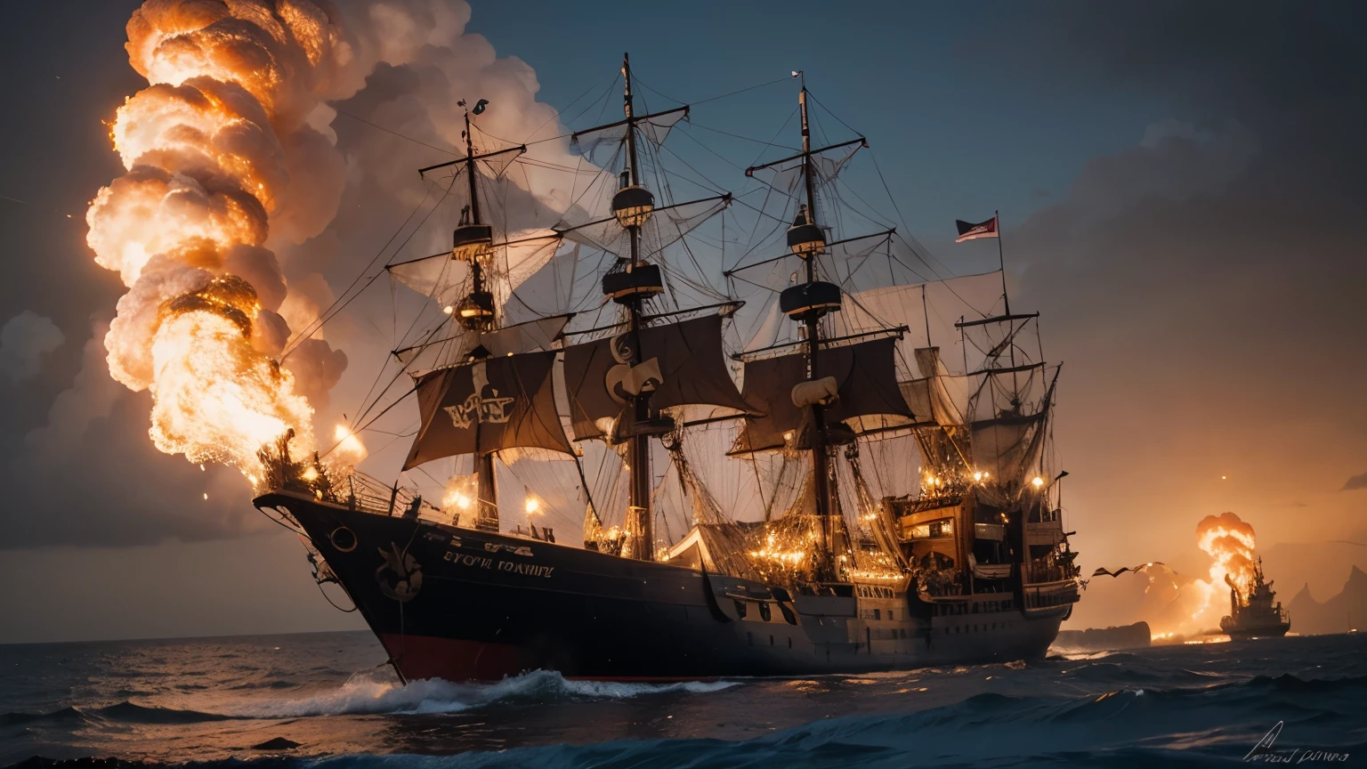 Pirate Ship in a red firey storm with gold
