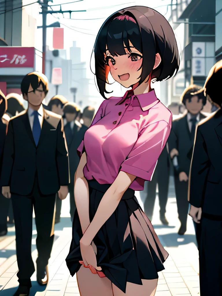 No bra, lower body, Japanese, very short, pubic hair, beautiful breasts, embarrassed, shyness, worries, beautiful breasts, black hair, standing, arms, magenta polo shirt, skirt, small breasts, no panties ((lift the skirt yourself)))、(I lifted it myself)、panties on、panties focus、blush、looking at the viewer、semi body shot、(a large crowd gathers)、(on the streets of tokyo)、(((Get excited and show off your genitals )))