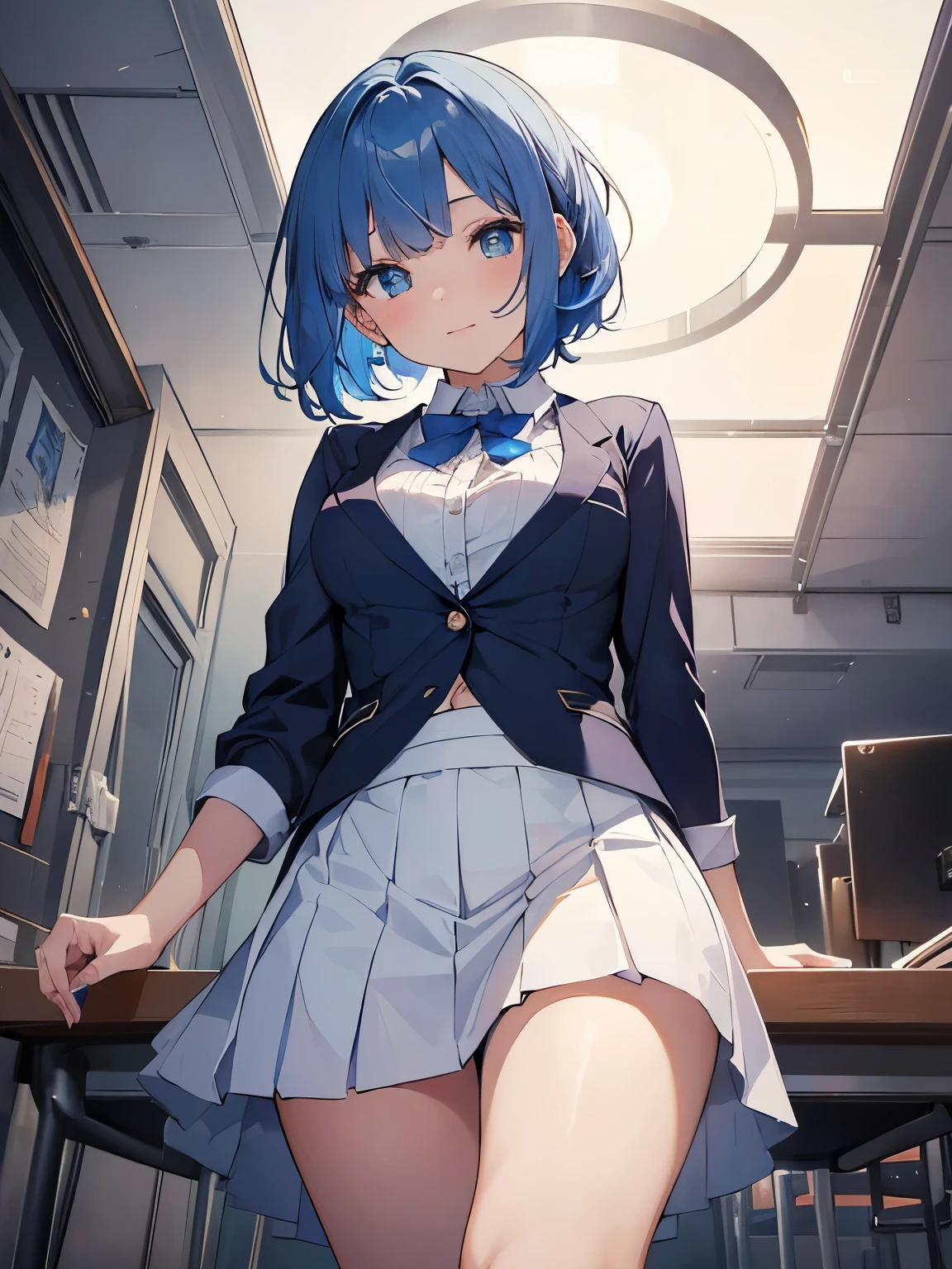 NSFW:1.4, 8K, highest quality, masterpiece, lively, real person, Wallpaper by Unity 8K, school classroom、sit at desk、sit with legs apart、(1 girl) , beautiful eyes, (delicate face) , perfect details, (best lighting) , (super intricate details),、(taken from below:1.5)、Peeking out from under the skirt、cowboy shot、{Low - Angle:1.4}、show panties、laughter、smiling girl、high , {navy blue blazer:1.2}、{white shirt}、{blue ribbon}、{white pleated skirt:1.2}、((beautiful breasts:1.2))、wears a proper uniform、(1 girl(Highest quality illustration:1.2), (cute girl:1.1), (1 girl:1.5, solo:1.5)、 (1 girl、18-year-old、one pose、cute、chest is medium:1.5、Super detailedな目:1.2)、(beautiful breasts)、((blue eyes、blue hair:1.5))、(short hair)、(((short bob hair)))、thin waist、small ass、thin thighs、BREAK is(highest quality、Super detailed、very detailed and beautiful、ultra high resolution、detailed arm:1.2),
