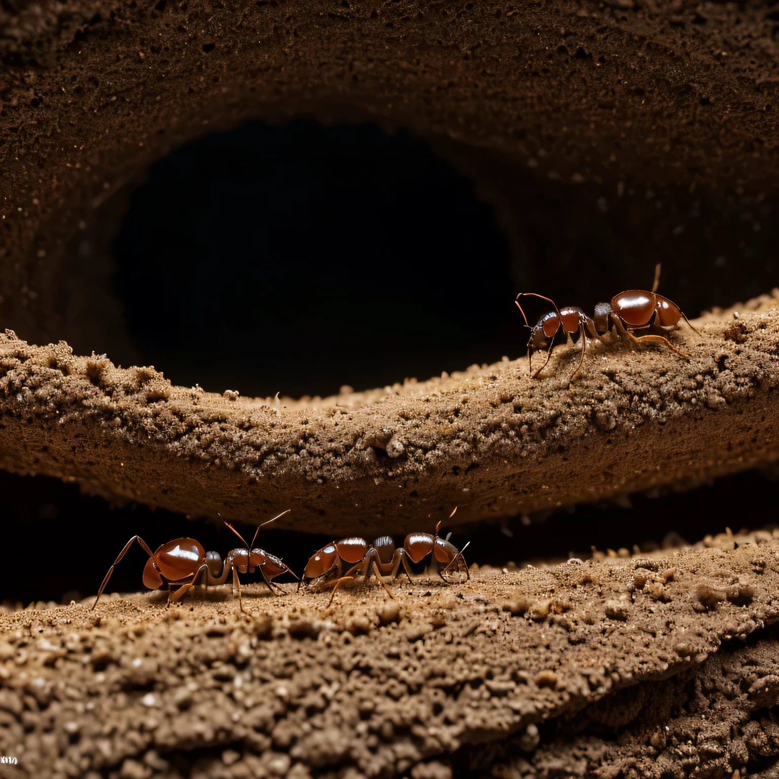 (best quality,4k,8k,highres,masterpiece:1.2),ultra-detailed,(realistic,photorealistic,photo-realistic:1.37),detailed ants carrying food,patterned ant trails,small and large ants working together,organized chaos of busy ants,underground nest,(damp,moist:0.9) soil tunnels,acres of underground chambers,multiple entrances and exits,complex network of interconnected tunnels,ant larvae and pupae,(controlled,precise:1.1) ant communication,(meticulous,thorough:1.2) attention to detail,sharp focus,(incredible,amazing,astonishing:1.32) teamwork,meticulous construction,tightly-knit ant society,hardworking and industrious ants,dark and mysterious tunnel interiors,exquisite textures on ant bodies and nest surfaces,subtle shading to depict shadows and highlights,impressive realism of ant body structures,authentic representation of ant behavior and movement,colony thriving with life and energy,lively and vibrant atmosphere,colorful and varied ant species,captivating diversity of shapes and sizes,rich color palette to bring out the beauty of the ants and their habitat,subtle warm lighting to enhance the mood,and create depth in the scene