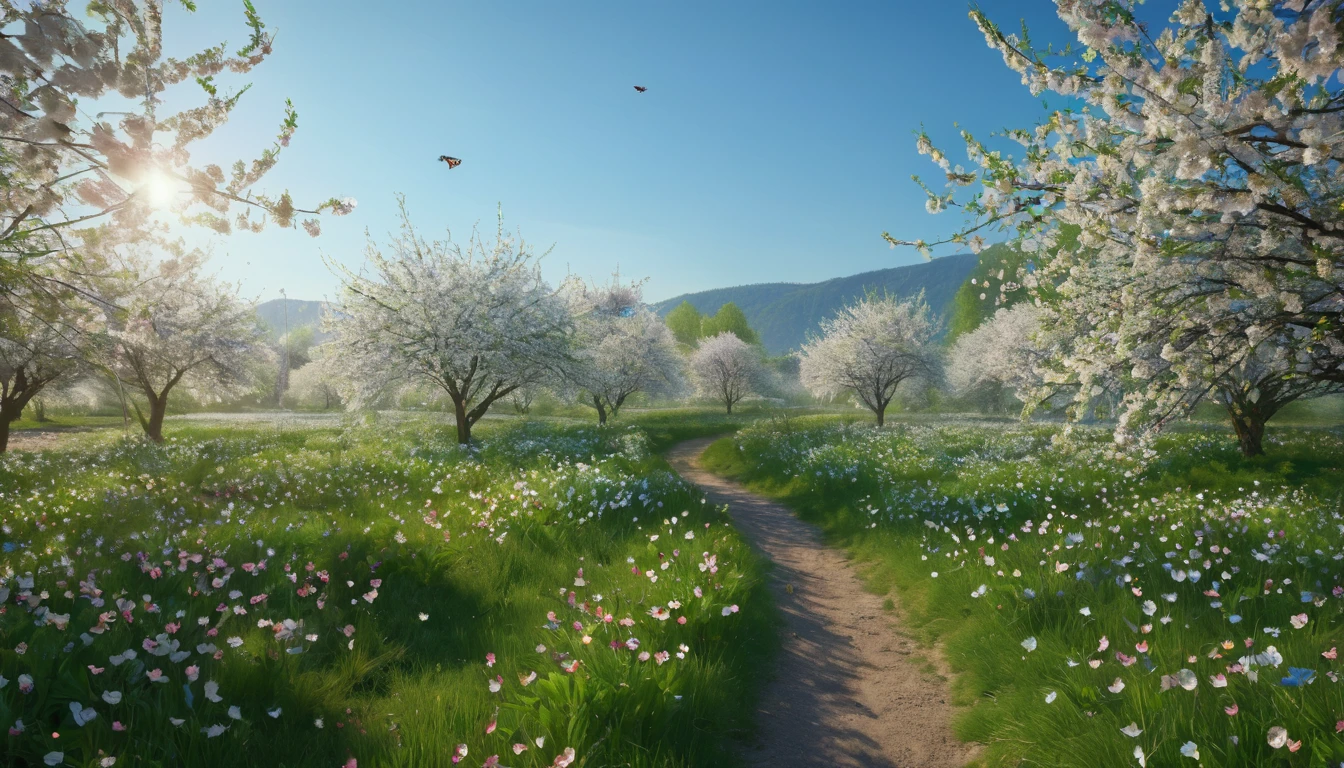 (best quality,4k,8k,highres,masterpiece:1.2),ultra-detailed,(realistic,photorealistic,photo-realistic:1.37),cheerful,xlight-hearted,youthful:1.1,spring morning,refreshing breeze,soft sunlight,delicate blossoms:1.1,lush greenery,abundant flowers,gentle chirping of birds,colorful butterflies,dewdrops on petals:1.1,blooming cherry blossoms,tranquil atmosphere,peaceful serenity,bright blue sky:1.1,vibrant colors of nature,happy memories,joyful laughter,playful children:1.1,running through fields,fragrant aroma of flowers,awakening of nature,beauty in every moment