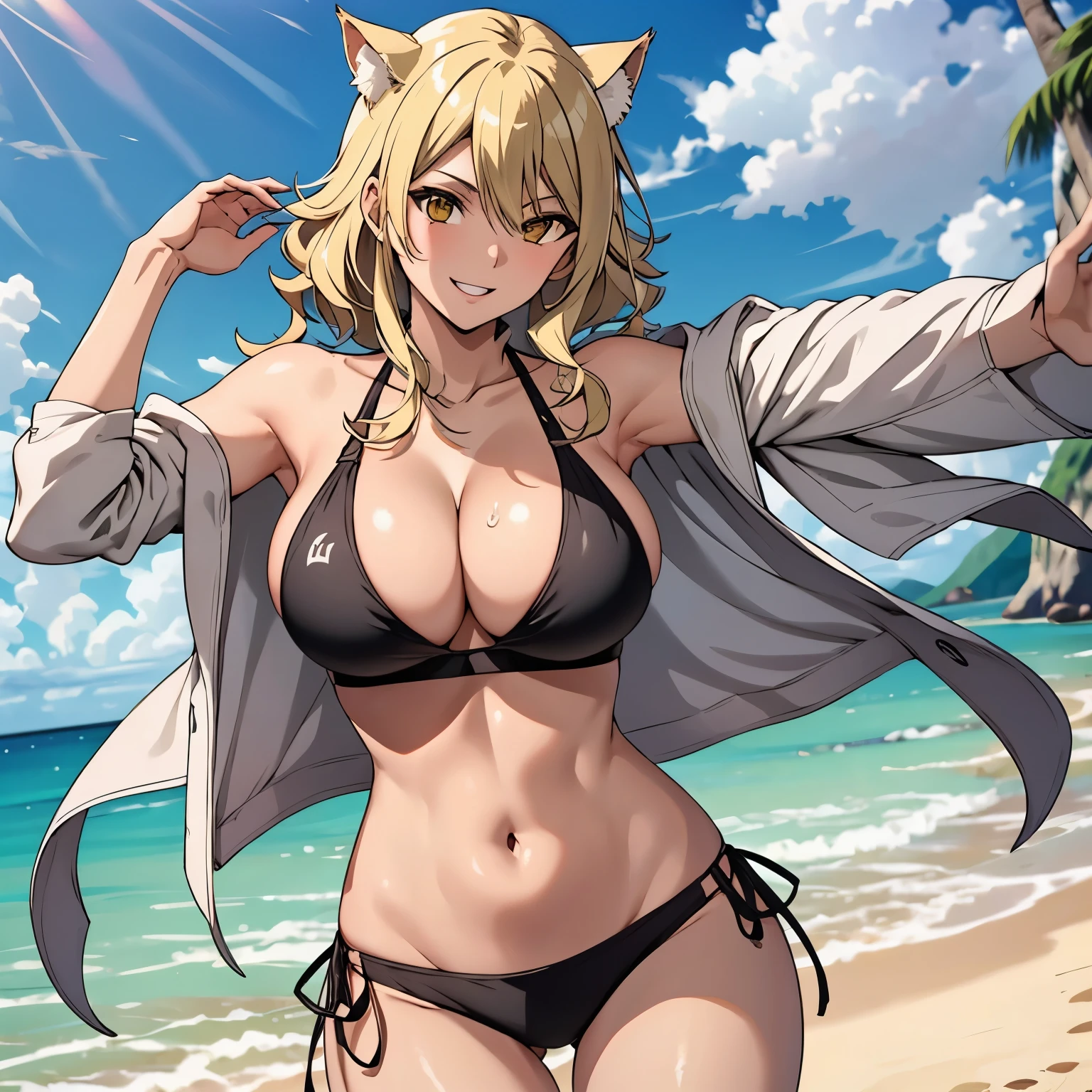 attractive woman 30 years old blonde hair . orejas de gato, ojos amarillos detallados, pechos grandes bikini amarillo fondo una playa soleada, cuerpo mojado gotas de agua en su pecho sonrisa traviesa, orejas de gato.