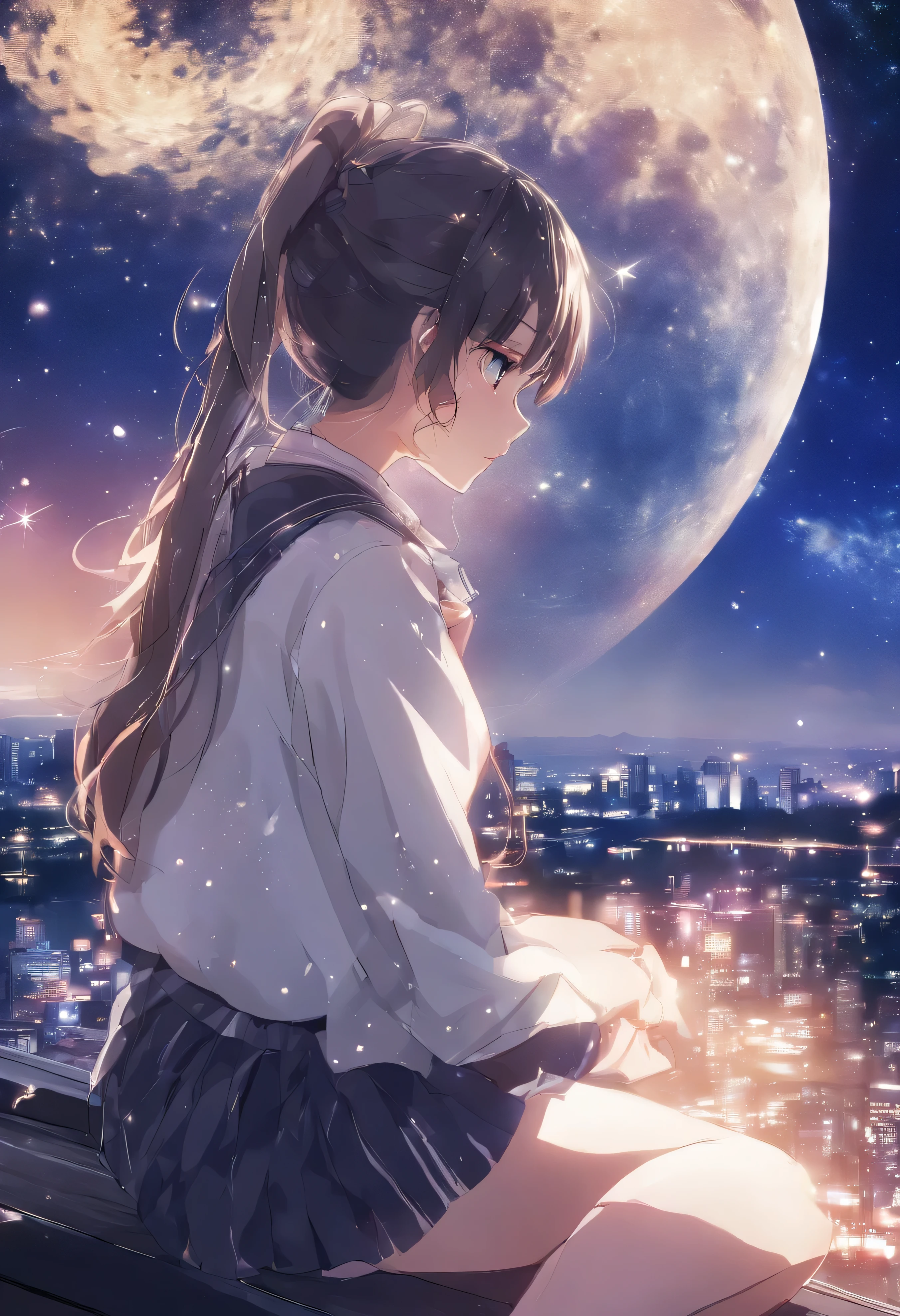 title: 「starry night」
explanation: This 8K raw photo、Top quality and highly detailed backgrounds、It depicts a Lolita girl looking up at the night sky.。she is 15 years old、Height: 150cm、She has fair skin and wears a Japanese uniform with a light brown ponytail.。her expression is young々It's so moisturized、She has a beautiful face and perfect proportions.、Sexy slender legs are growing long。She wears a red bow tie and a stylish white lace patterned blouse、plaid skirt、I'm wearing black loafers。
A landscape spreads out in the background、beautiful stars in the night sky々and nebulae are shining。the sun goes down、The sea spreads out at the foot of the mountain range、The city of a local city without high-rise buildings is expanding.。she sits on the roof and looks at the stars、It depicts a girl lost in thought while looking at the starry sky.。The light on the ground and the glow of the night sky create a beautiful contrast.、Atmosphere lighting gives off a unique charm。
This anime scene、Beautifully depicts the lonely night scene of a girl.、Arouses emotion and empathy in the viewer。