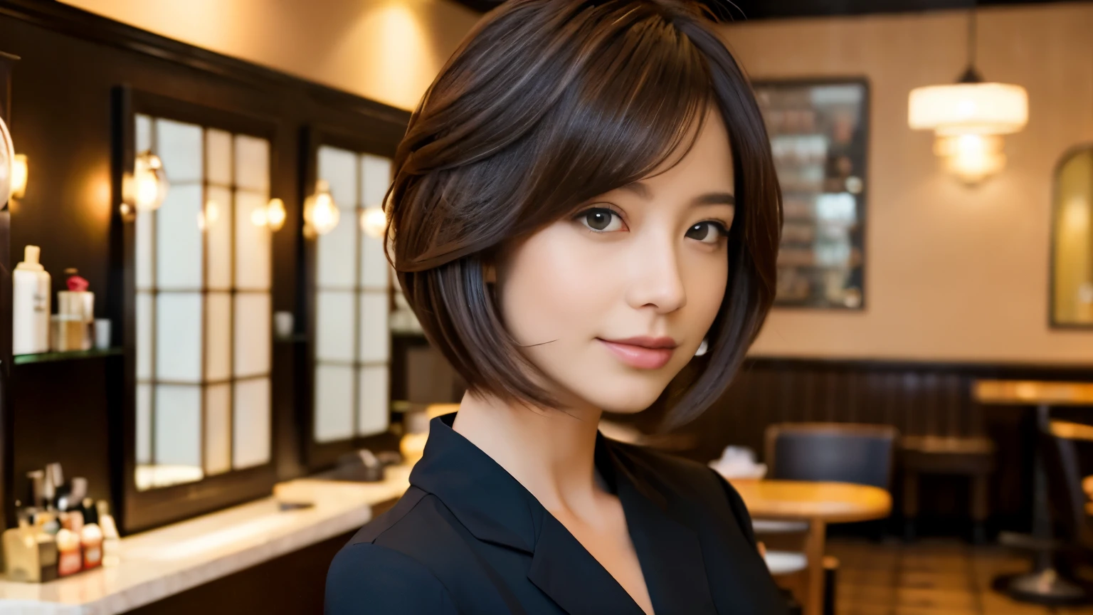 Realistic female beauty salon model,　bob style hairstyle japanese、Inside the cafe