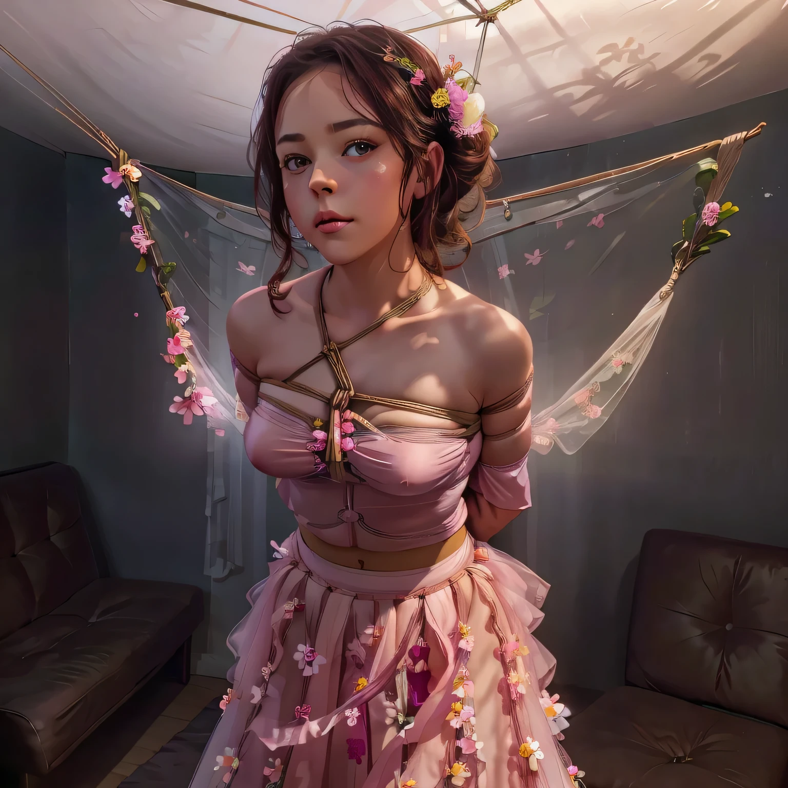 1girl,(bright lighting,romantic setting),dreamy background,,dark hair, mesmerizing gaze, , soft skin, alluring beauty, artistic portrait, high-quality image, vibrant colors,long pink floral sheer skirt, mosquito net, romantic bedroom, sidesuspension,solobound,blindfold