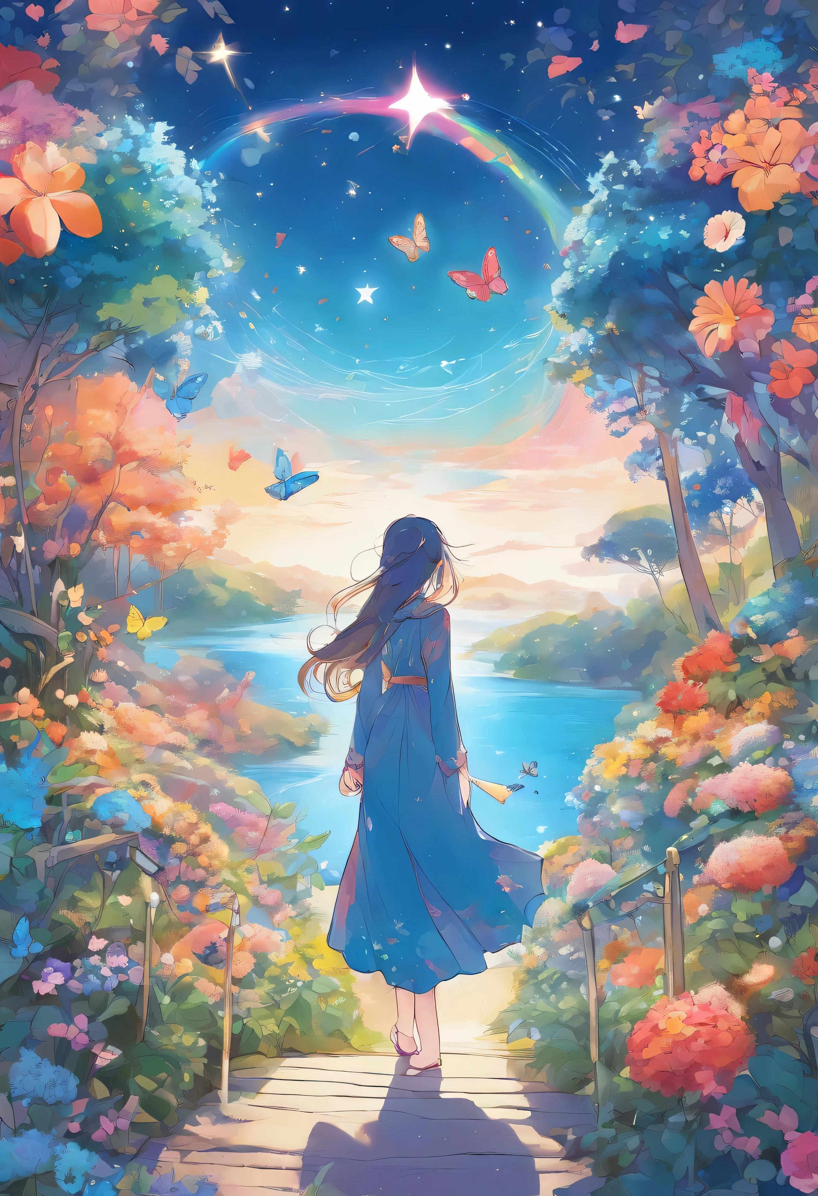 Melody Mark,top-quality、masutepiece、1womanl、solo、(abstract art:1.6),(Psychedelia Theme:1.6),(Gunjo World:1.5),(Marine:1.5),(Blue World:1.5),(At the center of the world is the most beautiful woman in the world),(many stars are falling:1.3),A ray of light spreads,Crystals spreading from the center,prisma(Nostalgic landscapes:1.5),(colorful flower:1.3),Garden Girl,gentle sunlight,Soft breeze,Delicate flowers,A rainbow-colored butterfly flaps its wings,Mesmerizing natural beauty,Fragments of Shining Stars,ice crystal,