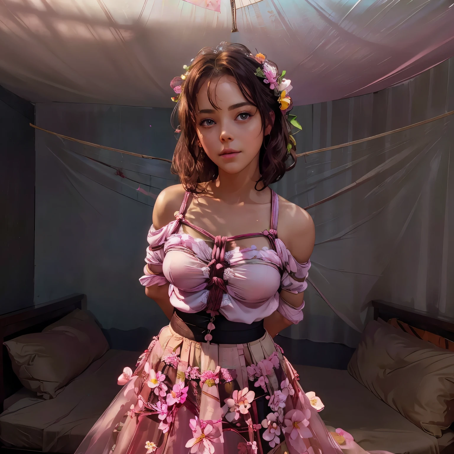 1girl,(bright lighting,romantic setting),dreamy background,,dark hair, mesmerizing gaze, , soft skin, alluring beauty, artistic portrait, high-quality image, vibrant colors,long pink floral sheer skirt, mosquito net, romantic bedroom, sidesuspension,solobound,blindfold