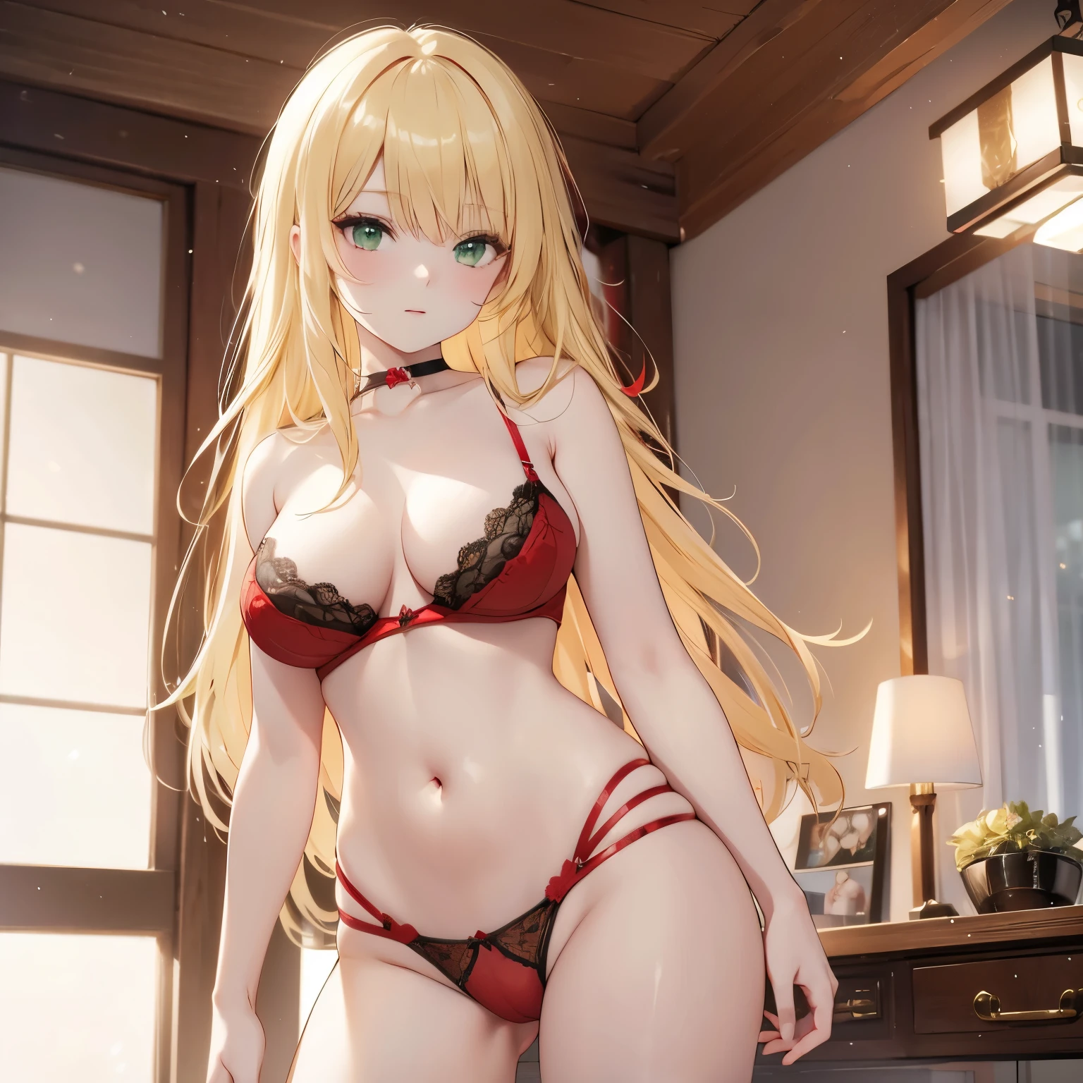 Red and black lingerie , green eyes, blonde hair