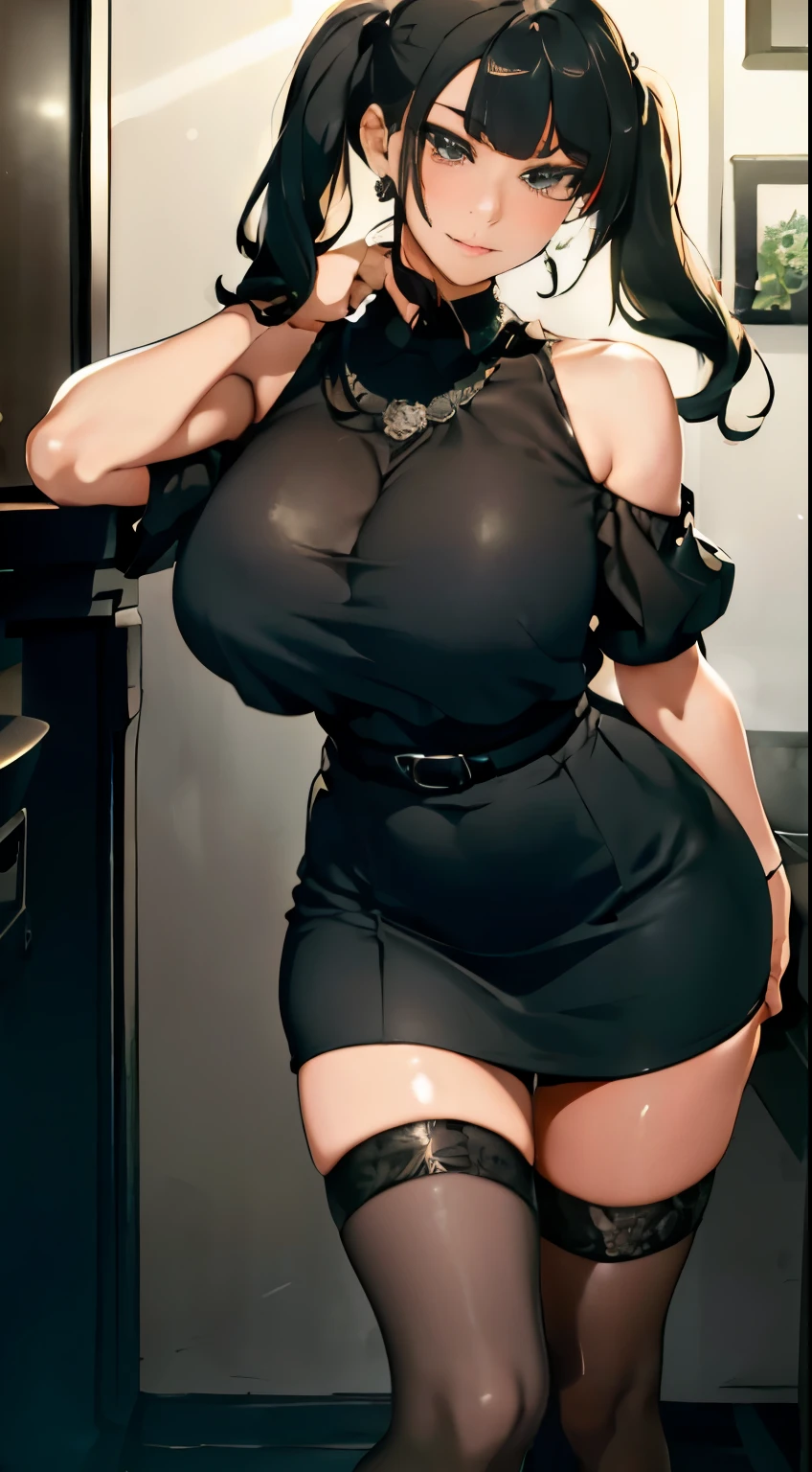 ((Best quality)), ((masterpiece)), (detailed: 1.4), beautiful woman, short black shirt open, short skirt, black hair locks gray, fringe twin tails, black rose, skull, neckline, sweaty, wide square, defined body, body shine, sarcastic smile, dark, black lipstick, ink, (solo), realistic,((masterpiece)), (best quality), (detailed), (1 girl), large breasts, sexy, thicc