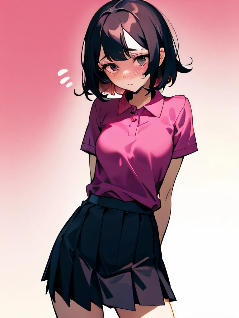 No bra, lower body, Japanese, very short, pubic hair, beautiful breasts, embarrassed, shyness, worries, beautiful breasts, black hair, standing, arms, magenta polo shirt, skirt, small breasts, no panties, lifts the skirt by oneself