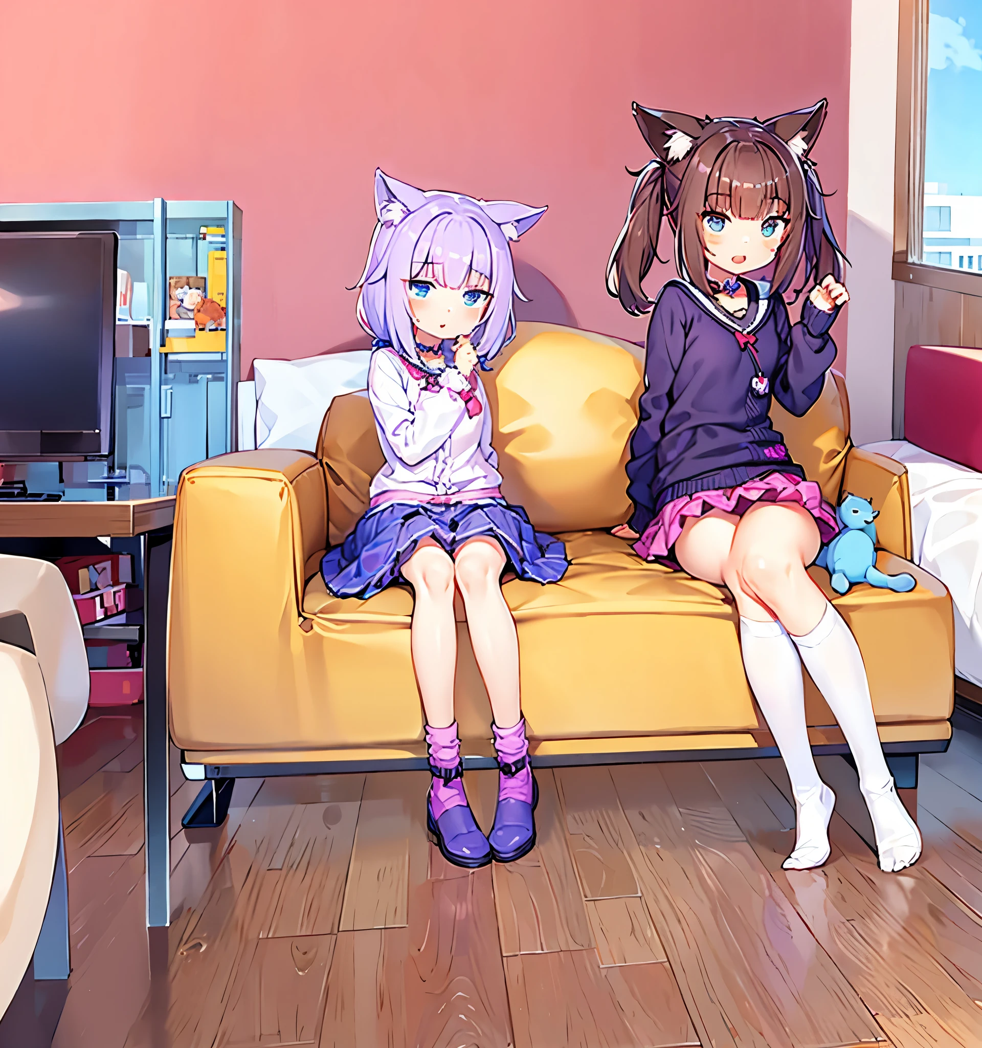 2 girls sitting with skirts showing their panties purple hair and brown hair nekomimi blue eyes 