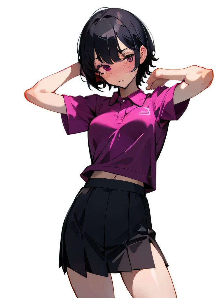 No bra, lower body, Japanese, very short hair, pubic hair, beautiful breasts, embarrassed, shyness, worries, beautiful breasts, black hair, standing, arms, magenta polo shirt, small breasts, no underwear, lifting up skirt by oneself