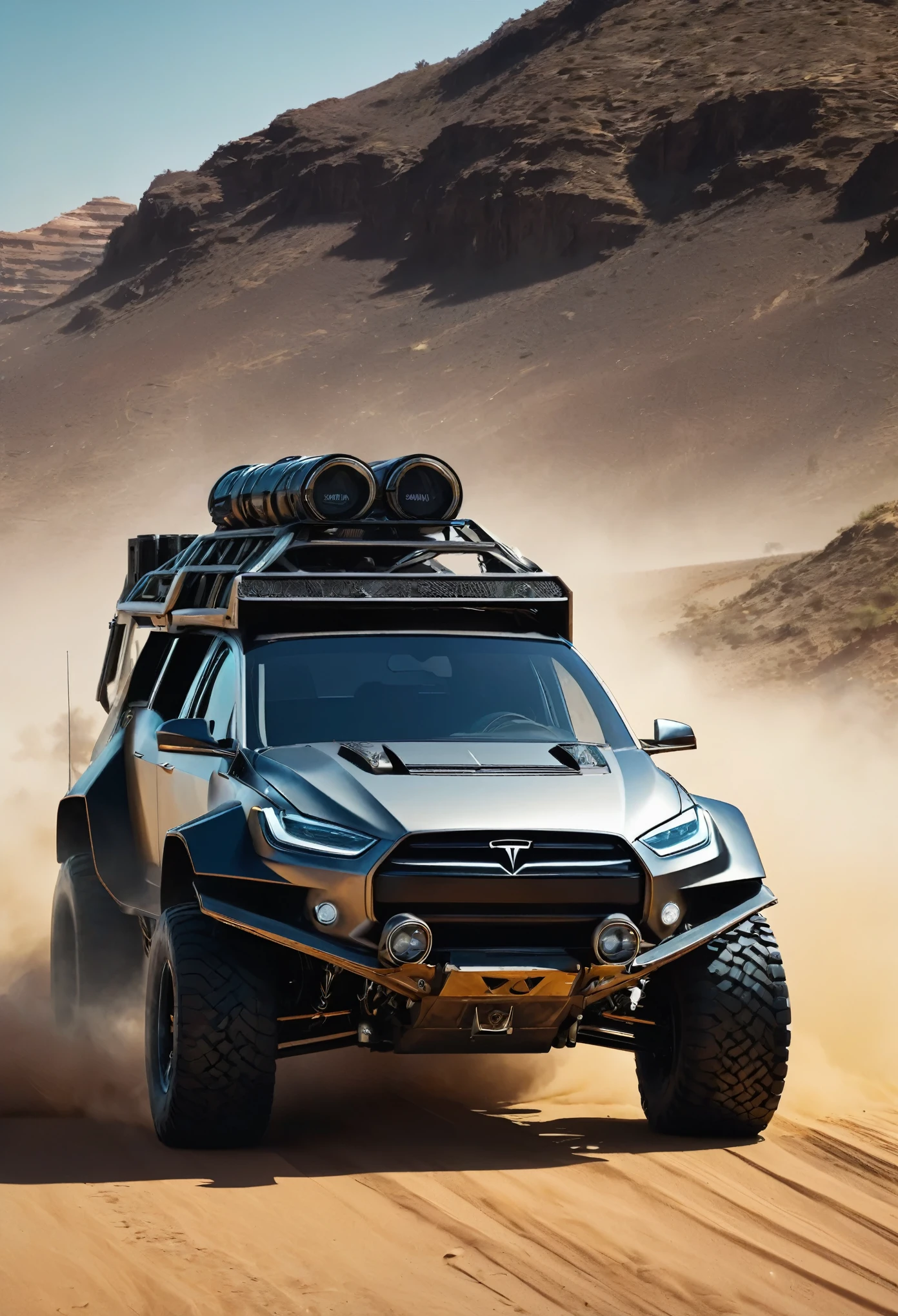off-road vehicle accelerating, sujo de lama, enferrujado, estilo madmax, tem espinhos de metal por toda lataria, futurista, Pintura reflexiva, semelhante a o tesla truck, long front hood, Vidros transparentes, rodas grandes e brilhantes, ultrarrealista, 8k, noite, dentro de uma garagem com paredes de metal preta, apocalipse, there is a beautiful beautiful girl in front of the vehicle, She is dressed in madmax style and wearing sunglasses , She is brunette and has a ponytail in her hair and her face is covered by an Arab turban..