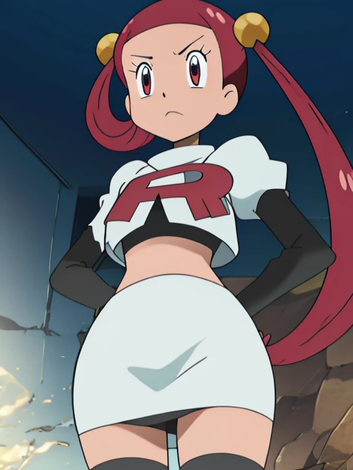 (best quality, 4k, 8k, highres, masterpiece:1.2), 8k, masterpiece,highres, team rocket uniform, red letter r, white skirt,white crop top,black thigh-high boots, black elbow gloves, glaring angrily, looking down at viewer, hands on hips, cowboy shot,zettai ryouiki,from below, black panties,anime style, vivid colors, sharp focus, intense lighting