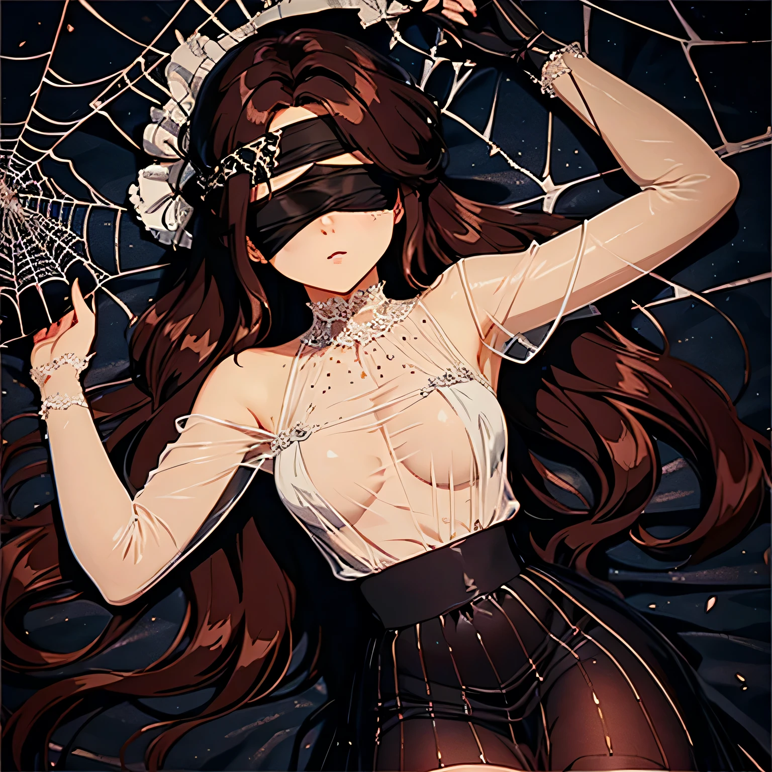 1girl,Spider weaves a net on a girl, very realistic, very detailed,bed,stretched, dark cave, struggle in the net,brown haired, very long sheer skirt,lying down,(blindfold:1.4),