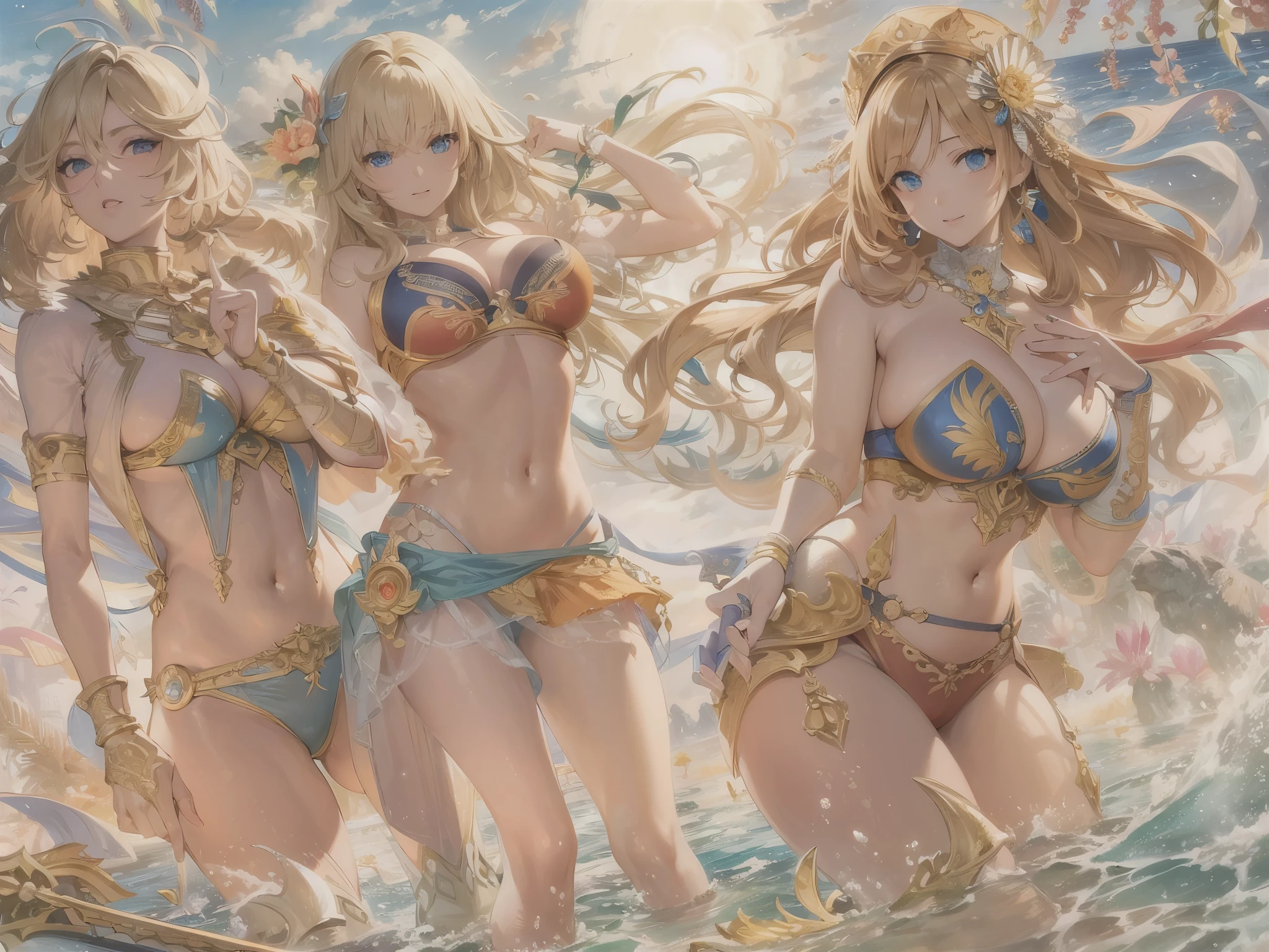 ((highest quality)),(ultra high resolution),(Super detailed),(detailed description),((best CG)),(best work of art),super precision art,amazing drawing art,(Fantasy art with precise details:1.5), Women wearing colorful bikinis on the beach as the waves roll in and out under the midsummer sun