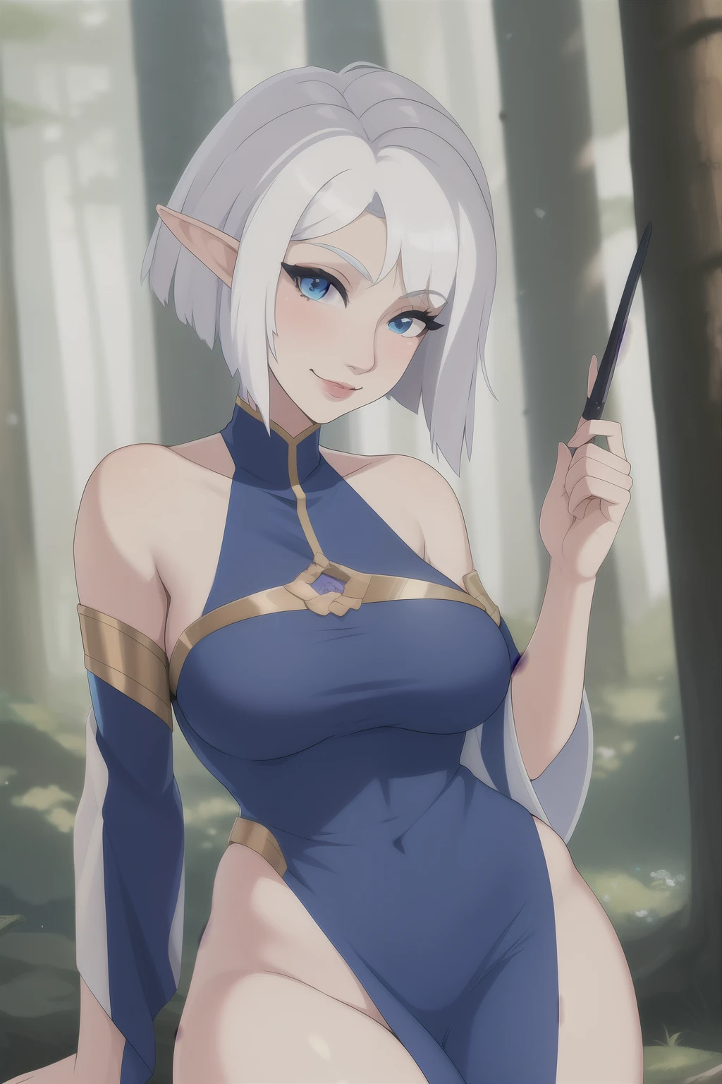 ((Best quality)), ((masterpiece)), (detailed), perfect face Elf huntress, fantasy, woman elf with white hair, forest background, White hair, black stripes on the face, full length, aged woman, light hunter clothing,  woman, full length, woman full length, short hair, blue dress