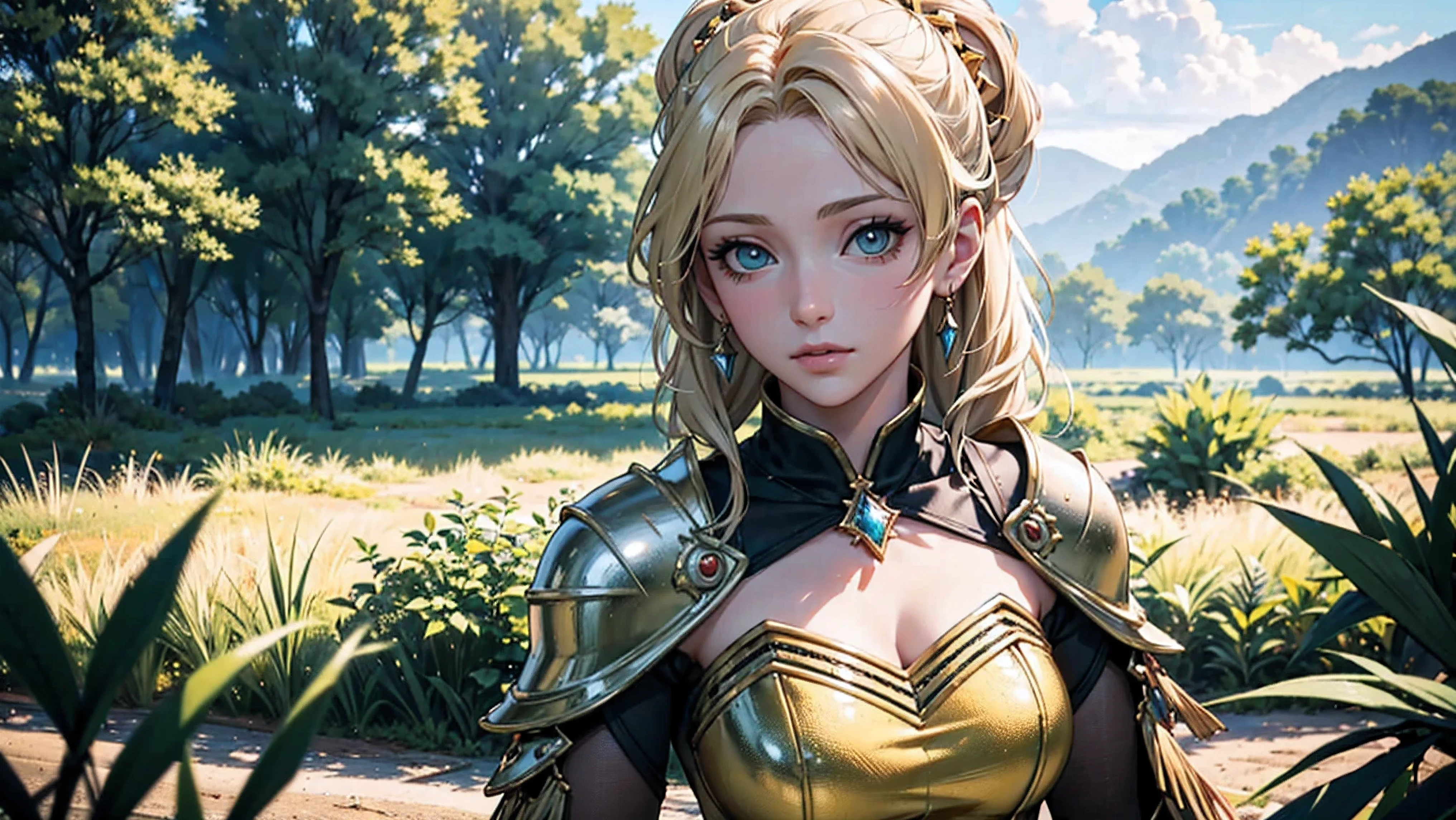 ((Wallpaper in 2.5D anime, MMORPG style), (best quality, 4k, 8k, highres, masterpiece:1.2), ultra-detailed, (realistic, photo-realistic:1.37)). In a wide, expansive setting of dazzling fantasy, a blonde warrior woman of European beauty takes a dynamic pose, em meio a uma paisagem encantadora. His facial features are remarkably elaborate, com olhos grandes e expressivos e pupilas perfeitas. Her vibrant hair in highlighted tones frames a face with delicate, textured skin., radiating perfection and radiance. The surrounding scenery is enriched by magical and ultra-detailed elements, like lush trees with brilliant foliage that seem to pulse with otherworldly energy, and an ethereal aura that permeates the entire landscape, criando uma atmosfera de beleza e encanto digna de um conto de fadas. Cada aspecto, be it the lush greenery or the rays of golden light that filter through the treetops, transportando os observadores para um mundo de maravilhas e magia.