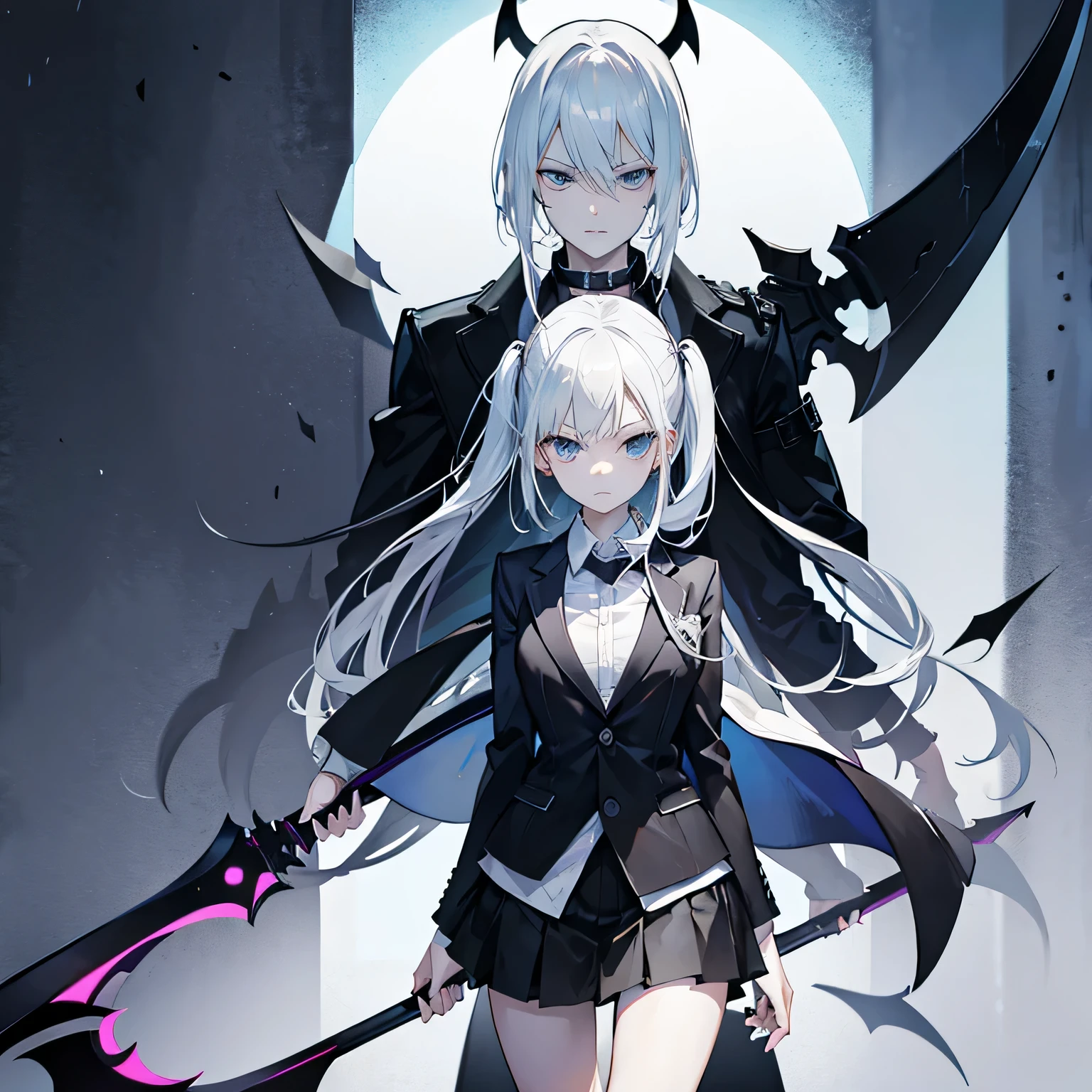 - Maka Albarn:
- Short, choppy white hair with asymmetrical bangs
- Wearing a black blazer over a white shirt and short skirt
- Carrying her weapon partner, Soul Eater Evans, who transforms into a scythe
- Stern, determined expression with a hint of vulnerability
- Background of the Death Weapon Meister Academy or a mystical, eerie setting
- Symbolic imagery of souls or shadows surrounding her, representing her role as a Meister in training