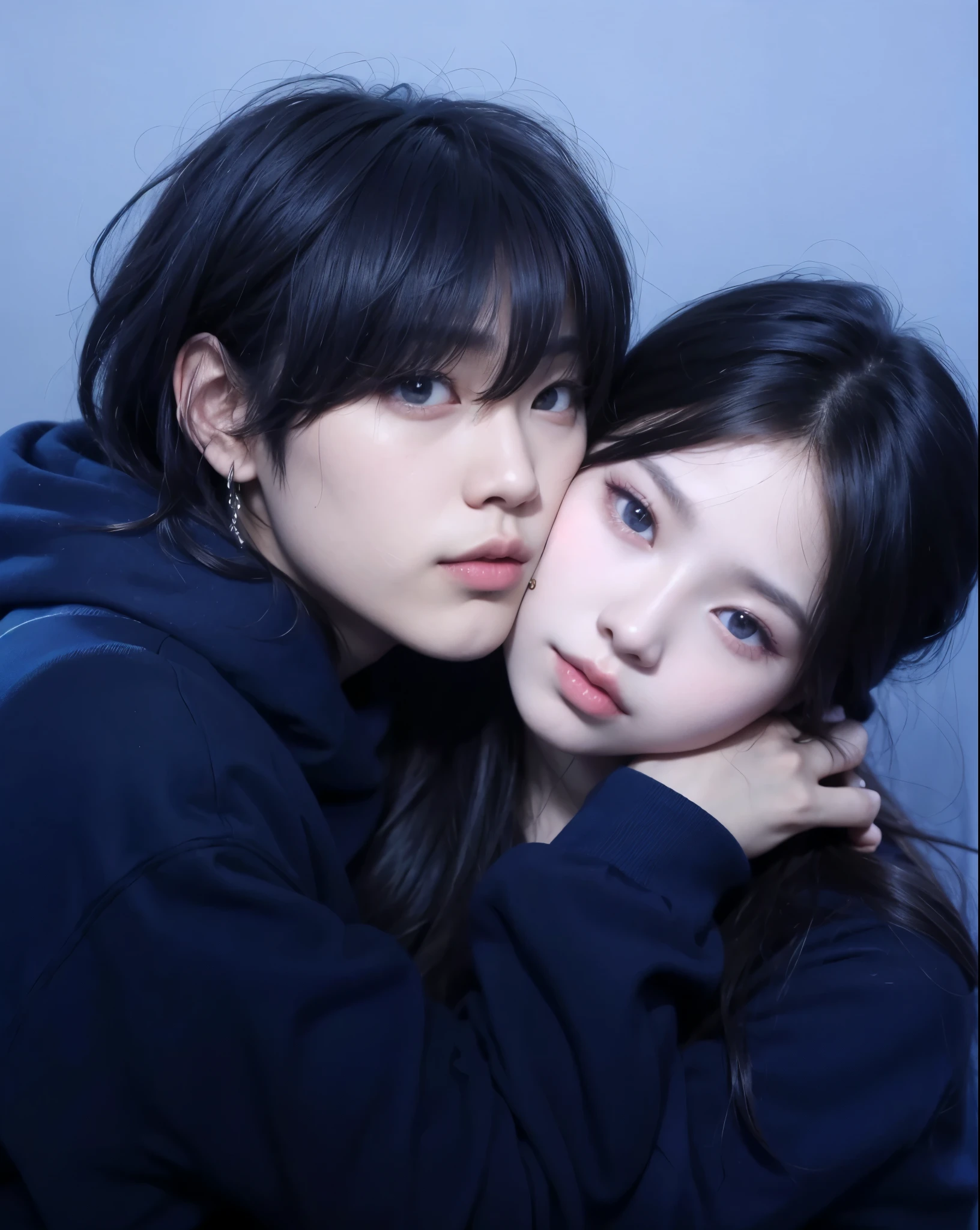 Un hombre, un hombre, un hombre, A man and a woman hugging on a blue background, ulzzang, Jimin\los labios carnosos, jennie rosa negro, pose de pareja, jossi de blackpink, pareja adorable, nixeu y sakimichan, foto de perfil, & jee hyung lee & Oh!, por Tadashi Nakayama, jinyoung shin, ruan jia and brom, jia