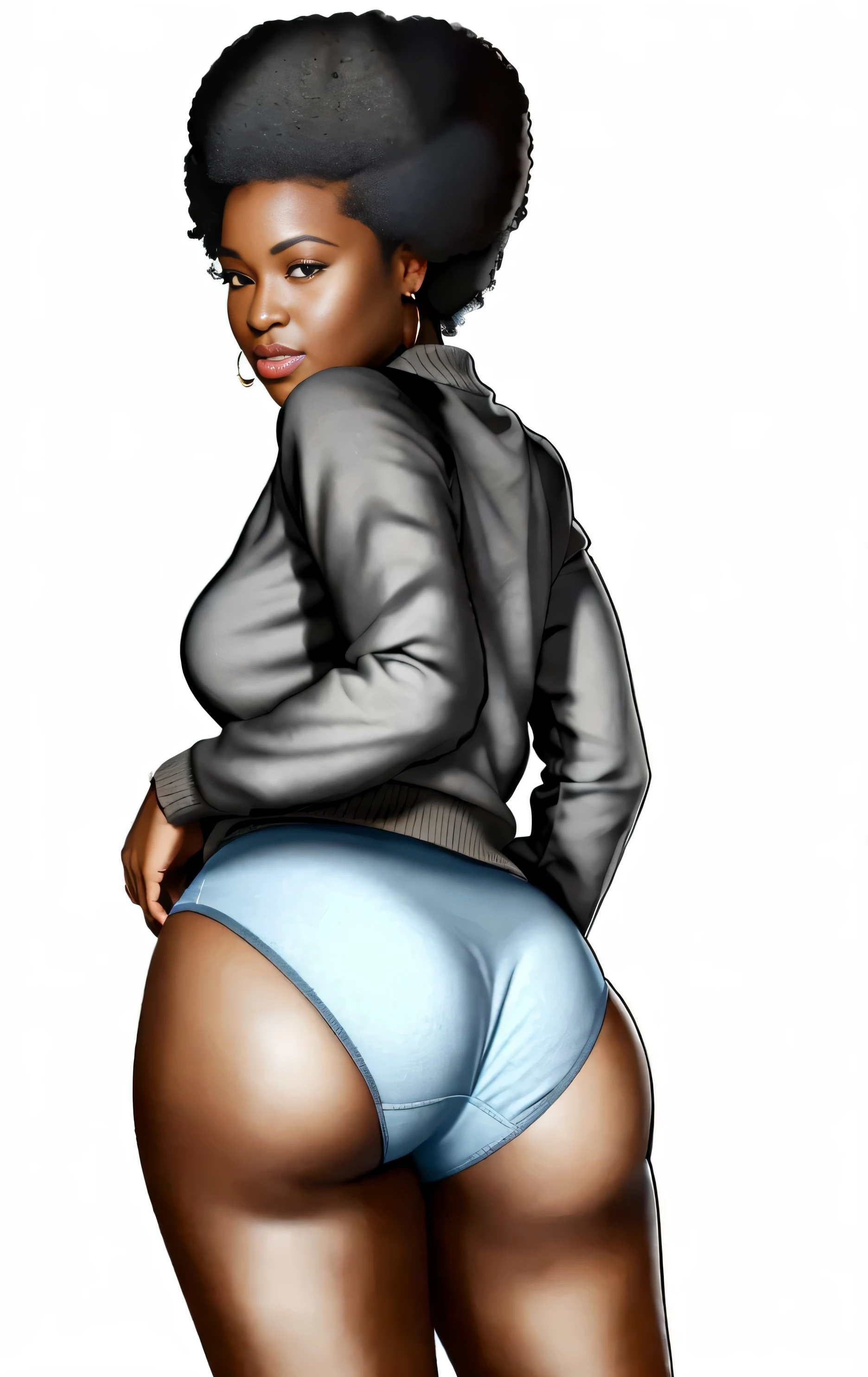 ((masterpiece, best quality)), ((33 year old)), (((Curvy))), ((Black woman with large afro)), in ((light blue fullback cotton panties)), beige sweater, ((Large hips)), (((photo realistic)))