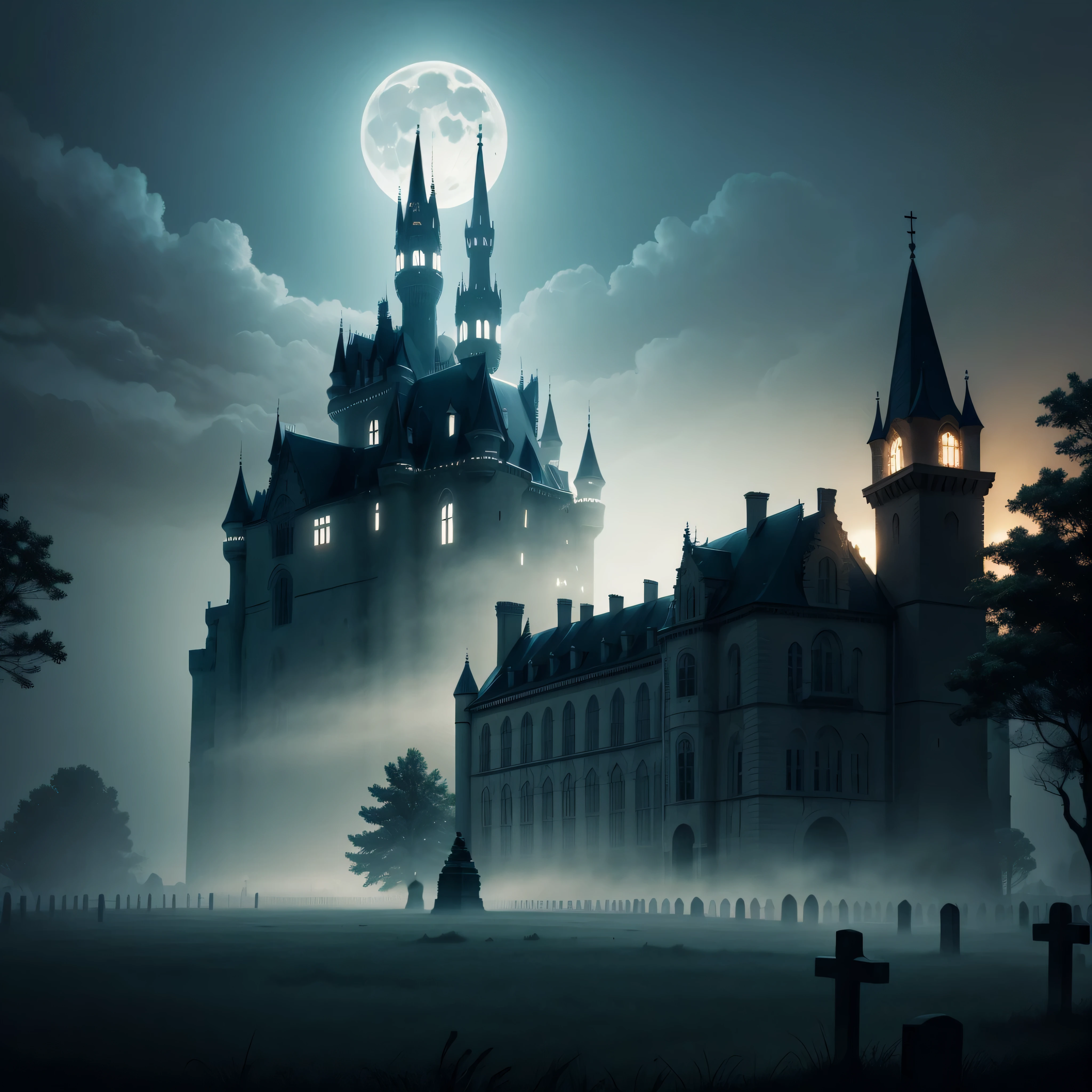 Cemetery at night by moonlight. a huge castle in the distance in the fog