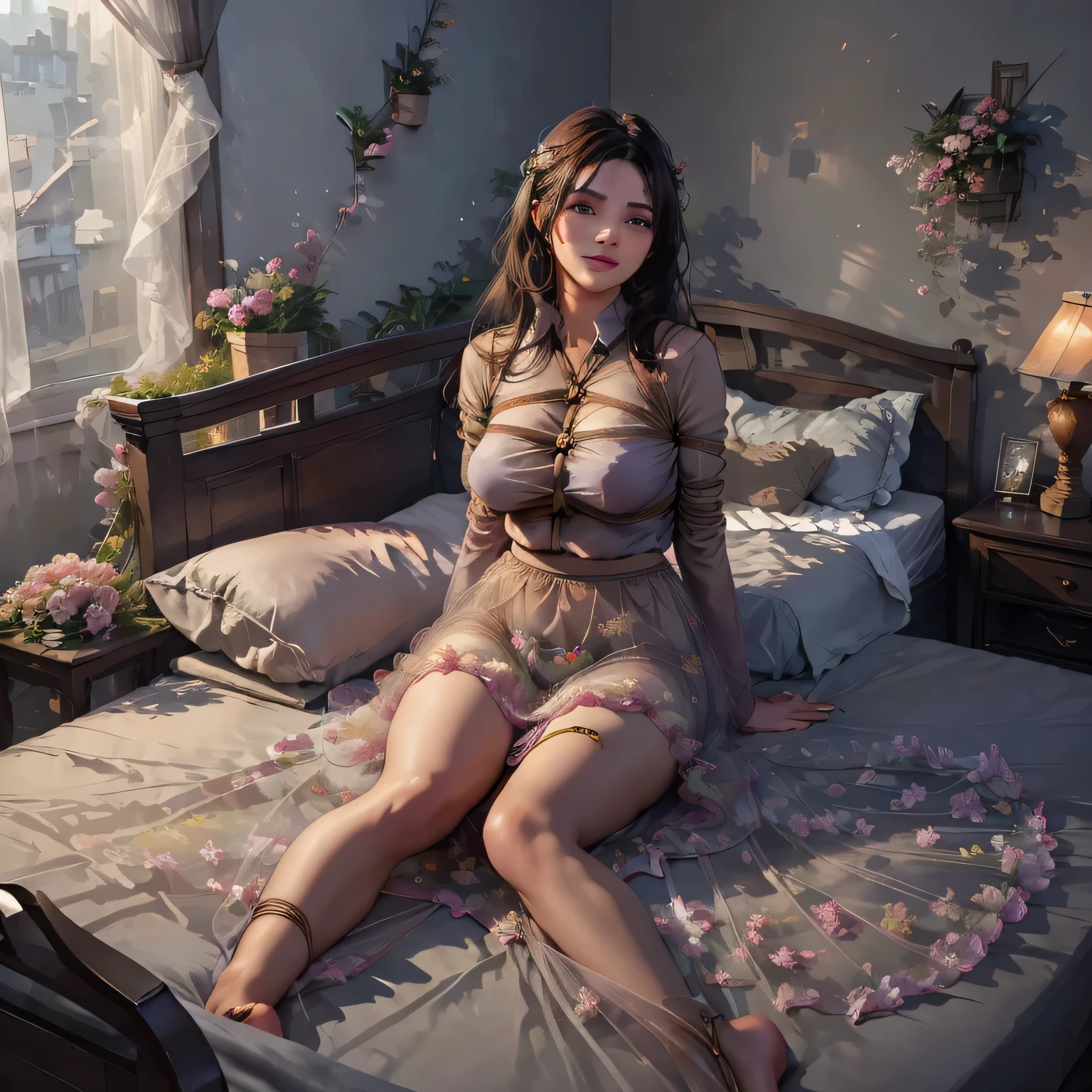 1girl,(bright lighting,romantic setting),dreamy background,,dark hair, mesmerizing gaze, , soft skin, alluring beauty, artistic portrait, high-quality image, vibrant colors,long floral sheer skirt, mosquito net, romantic bedroom, solobound,full body visible on the screen,lying on the bed,barefoot