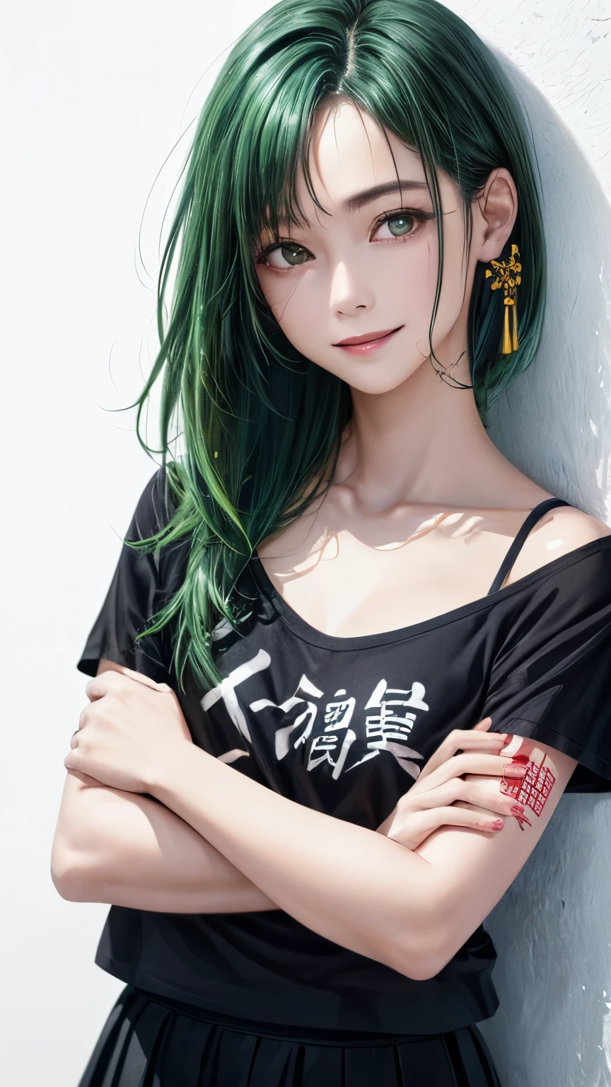 (highest quality、8K、32k、masterpiece)、(realistic)、(Photoreal:1.2)、(High resolution)、Super detailed、very beautiful face and eyes、1 girl、round and small face、thin waist、delicate body、(close、highest quality、high detail、Rich skin details)、(highest quality、8K、oil paint:1.2)、Super detailed、(realistic、realistic:1.37)、bright colors、(((i have green hair)))、(((bust shot)))、(((long hair)))、(((medium hair)))、(((pure white wall background)))、(((pure white wall background)))、(((She has a happy expression)))、(((straight face)))、(((wearing a black T-shirt)))、(((This is a T-shirt with English letters on the chest...)))、(((look straight ahead)))、(((the skirt is short)))、、(((I'm crossing my arms in front of my chest)))、(((You can see the Chinese characters tattoo around the collarbone.)))