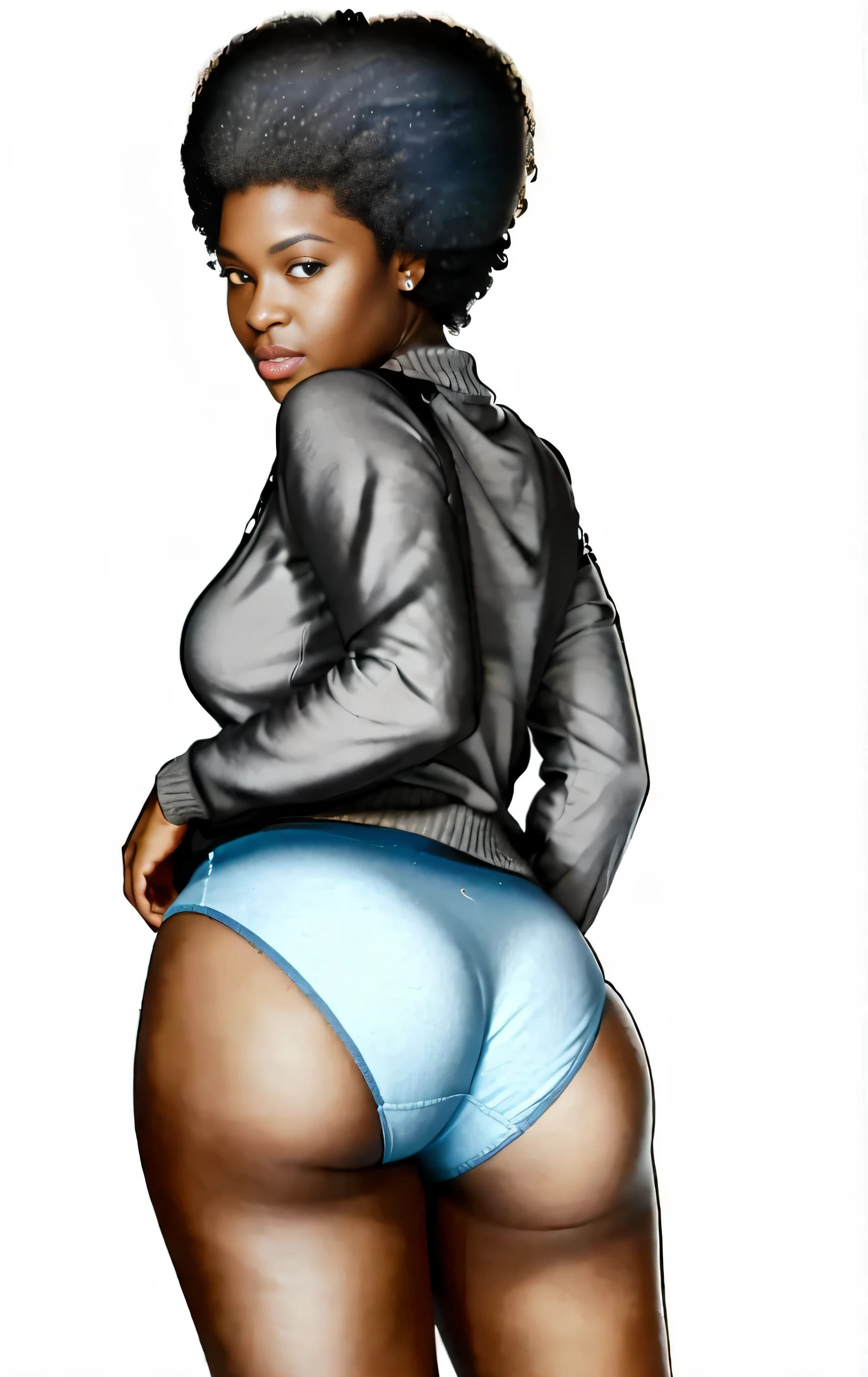 ((masterpiece, best quality)), ((33 year old)), (((Curvy))), ((Black woman with large afro)), in ((light blue fullback cotton panties)), beige sweater, ((Large hips)), (((photo realistic))), ((80's film, 80's movie scene, 80's TV Style))