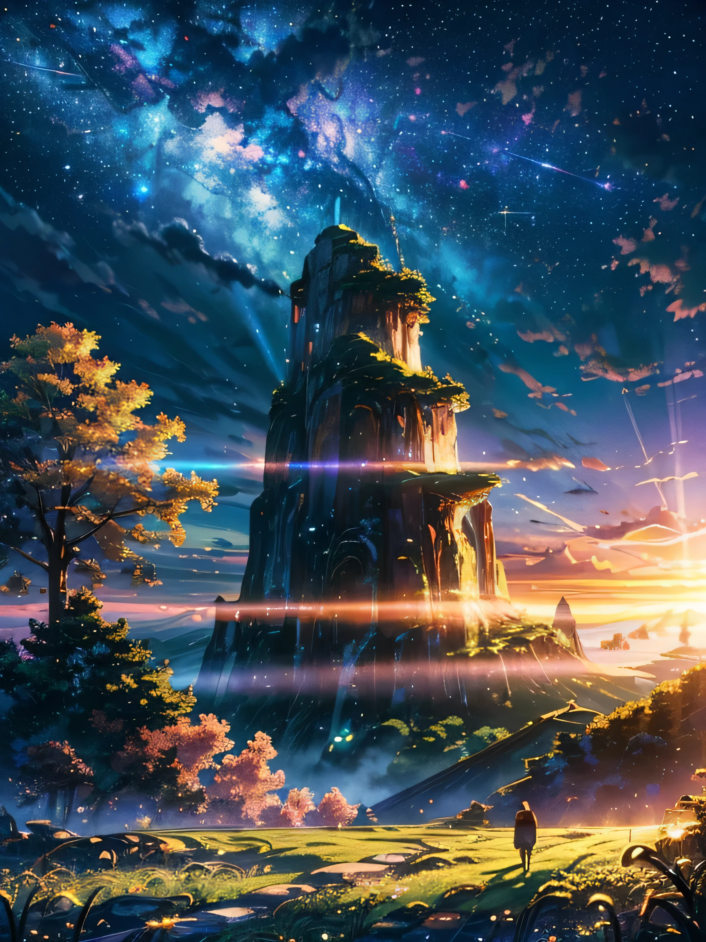 landscape painting((landscape, No person)), (8K, Raw photo, highest quality, from below:1.2, masterpiece:1.2, realistic, ultra high resolution, high contrast, photon mapping, real, super detailed, official art, RAW photo, professional lighting, light, Vibrant atmosphere, twicelight),High-definition CG, Unity8k, ((highest quality, 8k, masterpiece: 1.3)), (Snazzy, a brilliant, shining sunlight), only one world tree, A distant pyramid peeking through the clouds, Bright green gradation earth, Brilliant transparency with a slippery feel and an airy feel, realistic light blue sky, beautiful yellow clouds, Green and yellow clouds form a mesmerizing pattern, scenic view above the clouds, A world of ethereal clouds, Stars floating in the bright sky, Awe-inspiring cloud formations, dreamy atmosphere, floating above the world, quiet and quiet atmosphere, soft and gentle lighting, A hint of golden rays illuminating the clouds, Subtle shades of red, purple, and pink, Colored with warm tones of blue, The feel of golden and brown sparkles on the horizon, A majestic and breathtaking sight, A vast, endless sky, feeling of freedom and tranquility, The beauty of breathtaking tranquility, Vibrant colors contrasting with the sky, A beautiful play of light and shadow, A moment of calm and peace above the chaos, A gentle escape from reality, One with nature and the sky.