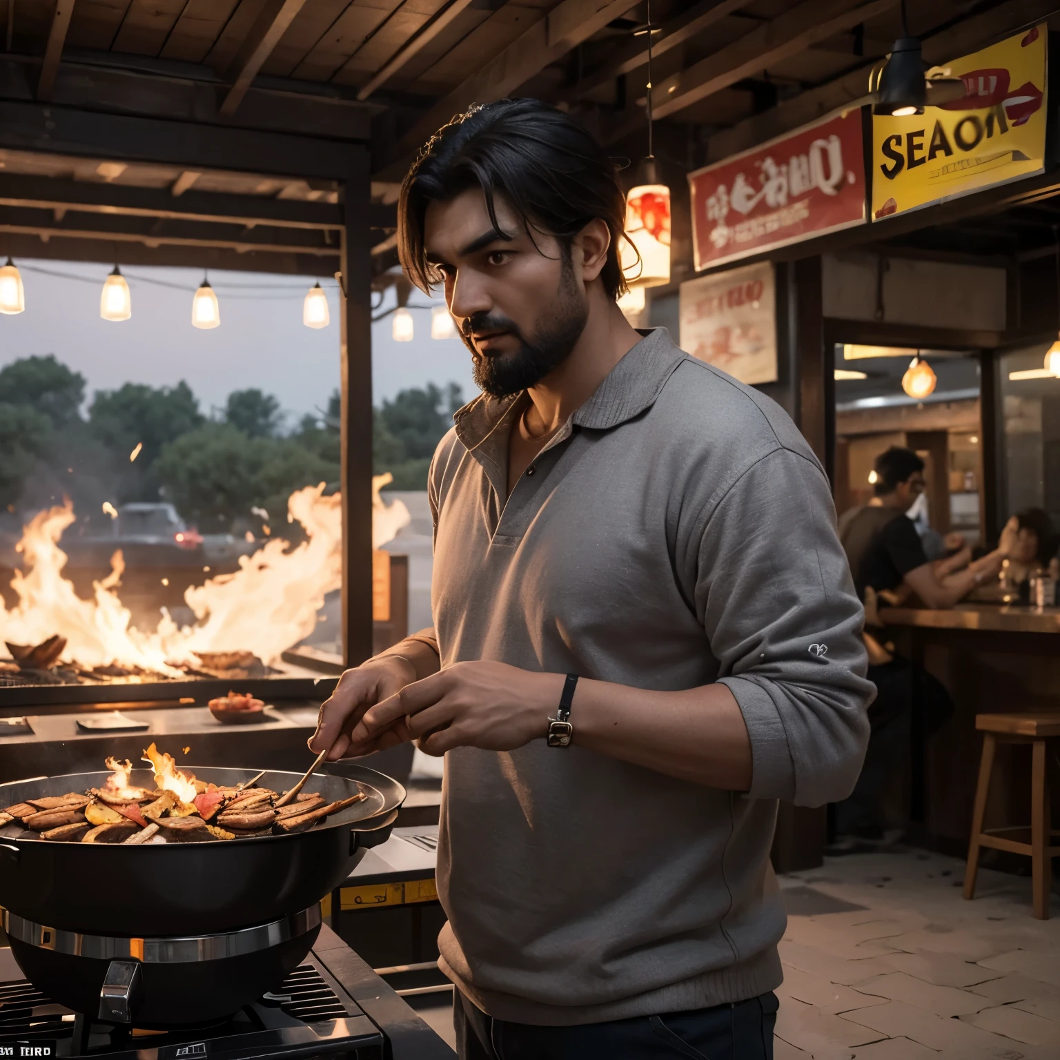 high frequency: 1.8, Rich details, masterpiece, 8K, The greasy uncle selling kebabs, Wearing gray clothes, Showing off the skewers in his hands, fan on fire, Flames surround barbecue restaurant, Burning battlefield background,  