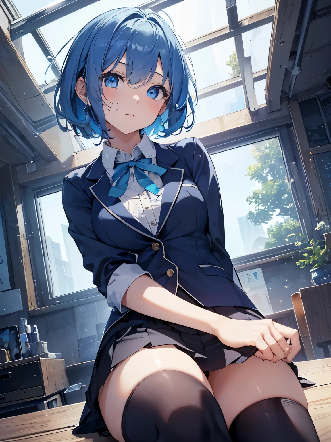 8K, highest quality, masterpiece, lively, real person, Wallpaper by Unity 8K, school classroom、sit at desk、(1 girl) , beautiful eyes, (delicate face) , perfect details, (best lighting) , (super intricate details),、(taken from below:1.5)、Peeking out from under the skirt、cowboy shot、{Low - Angle:1.4}、laughter、smiling girl、high , {navy blue blazer:1.2}、{white shirt}、{blue ribbon}、{white pleated skirt:1.2}、((beautiful breasts:1.2))、wears a proper uniform、(1 girl(Highest quality illustration:1.2), (cute girl:1.1), (1 girl:1.5, solo:1.5)、 (1 girl、18-year-old、one pose、cute、chest is medium:1.5、Super detailedな目:1.2)、(beautiful breasts)、((blue eyes、blue hair:1.5))、(short hair)、(((short bob hair)))、thin waist、small ass、thin thighs、BREAK is(highest quality、Super detailed、very detailed and beautiful、ultra high resolution、detailed arm:1.2),
