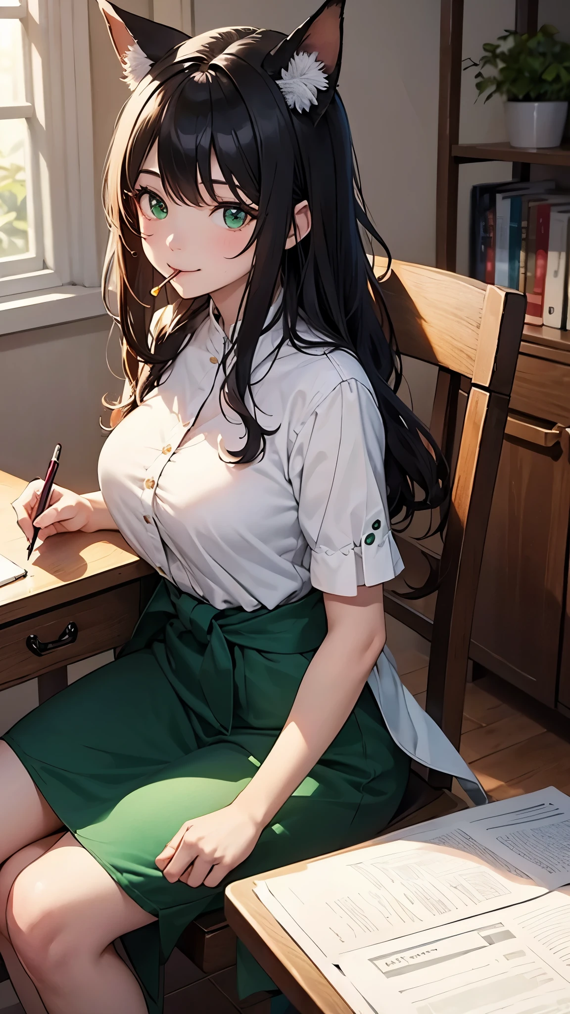 highest quality、masterpiece、８K、1 female、20-year-old、black hair、Wavy Long Hair、bangs、fox ears、(attractive woman)、(smile)、white blouse、room、emerald green eyes、sparkling eyes、big bust、((from waist to head))、(sitting at the desk)、Novelist、holding a pencil in mouth、(transparent)、(pure)、aerial perspective、