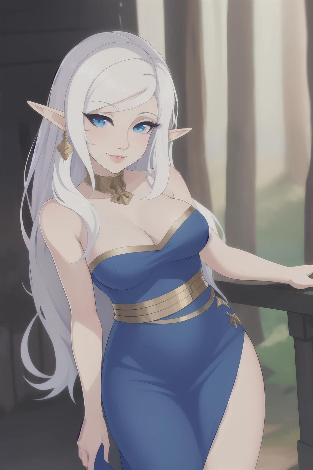 ((Best quality)), ((masterpiece)), (detailed), perfect face Elf huntress, fantasy, woman elf with white hair, forest background, White hair, black stripes on the face, full length, aged woman, light hunter clothing, woman, full length, woman full length, shoulder-length hair, blue dress