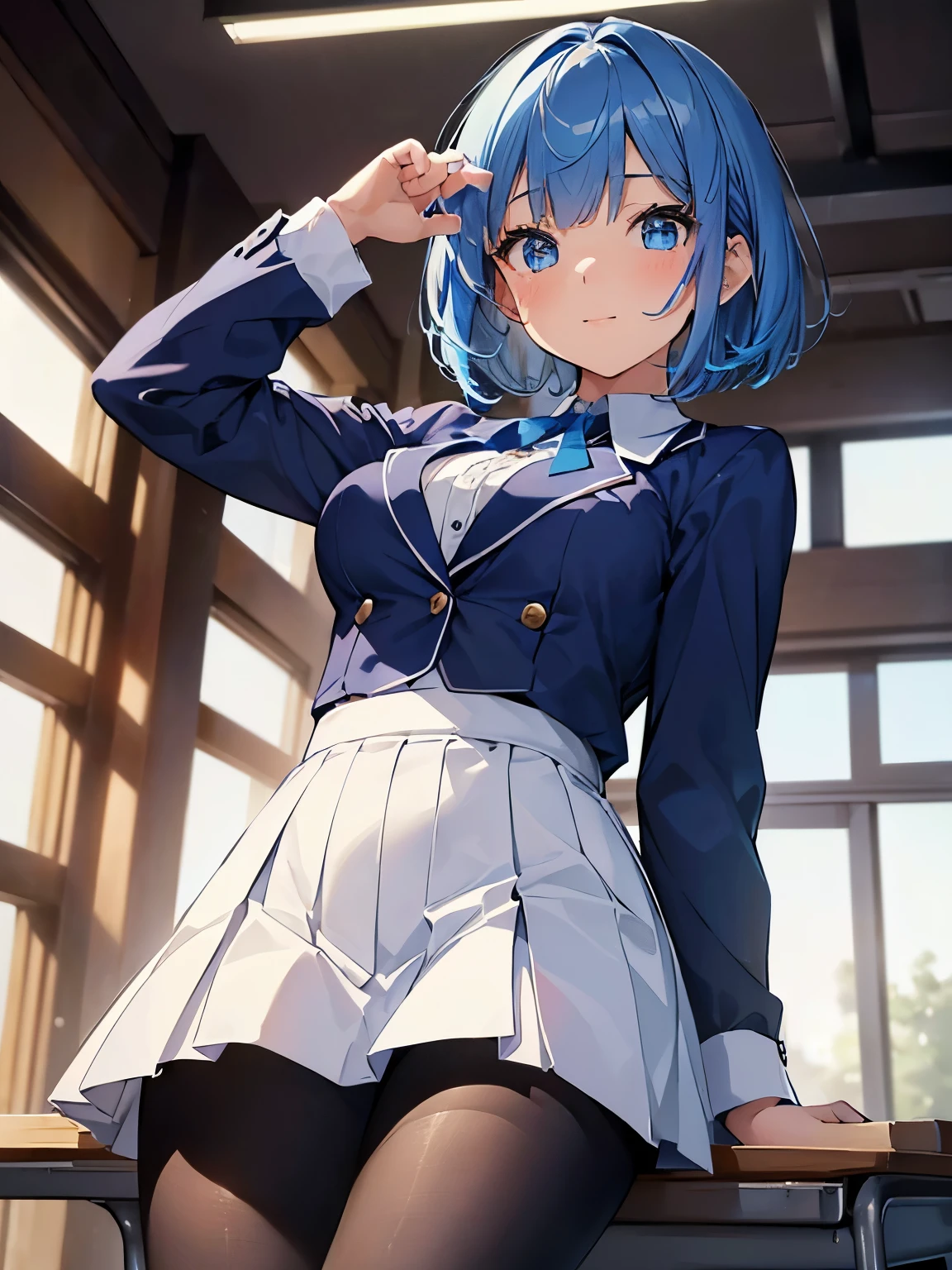 8K, highest quality, masterpiece, lively, real person, Wallpaper by Unity 8K, school classroom、sit at desk、(1 girl) , beautiful eyes, (delicate face) , perfect details, (best lighting) , (super intricate details),、(taken from below:1.5)、Peeking out from under the skirt、cowboy shot、{Low - Angle:1.4}、laughter、smiling girl、high , {navy blue blazer:1.2}、{white shirt}、{blue ribbon}、{white pleated skirt:1.2}、((beautiful breasts:1.2))、wears a proper uniform、(1 girl(Highest quality illustration:1.2), (cute girl:1.1), (1 girl:1.5, solo:1.5)、 (1 girl、18-year-old、one pose、cute、chest is medium:1.5、Super detailedな目:1.2)、(beautiful breasts)、((blue eyes、blue hair:1.5))、(short hair)、(((short bob hair)))、thin waist、small ass、thin thighs、BREAK is(highest quality、Super detailed、very detailed and beautiful、ultra high resolution、detailed arm:1.2),pantyhose:1.4
