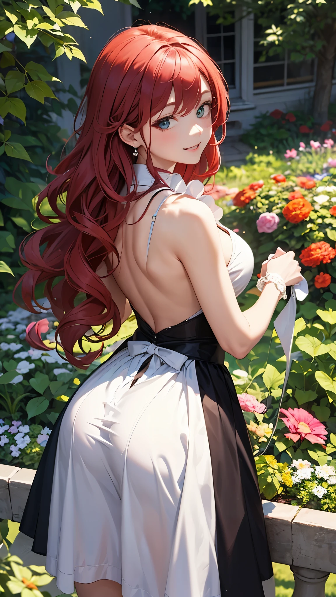 highest quality、masterpiece、８K,one woman、(Bright garden)、red hair、wavy hair、black eye、beautiful eyes、sparkling eyes、(very beautiful woman)、smile、slender body、Knee to head、Maid clothes、look back、pantini skirt、aerial perspective、transparency、
