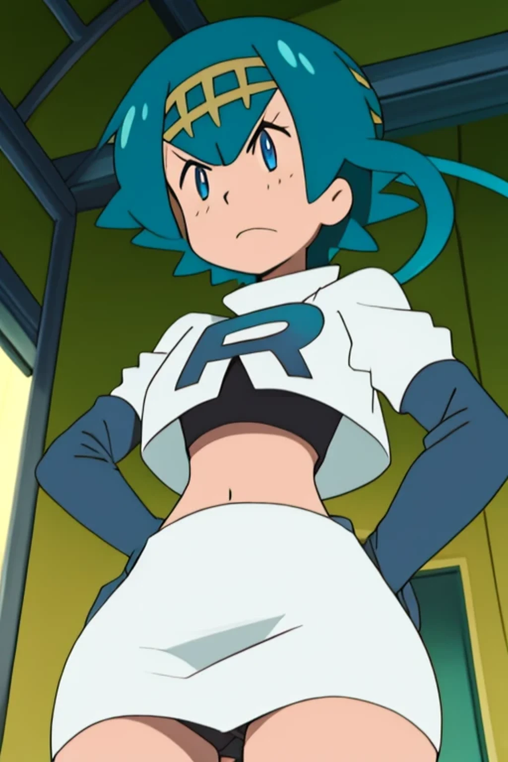 8k, masterpiece,highres, team rocket uniform, red letter r, white skirt,white crop top,black thigh-high boots, black elbow gloves, glaring angrily, looking down at viewer, hands on hips, cowboy shot,zettai ryouiki,from below, black panties,anime style, vivid colors, sharp focus, intense lighting,lana