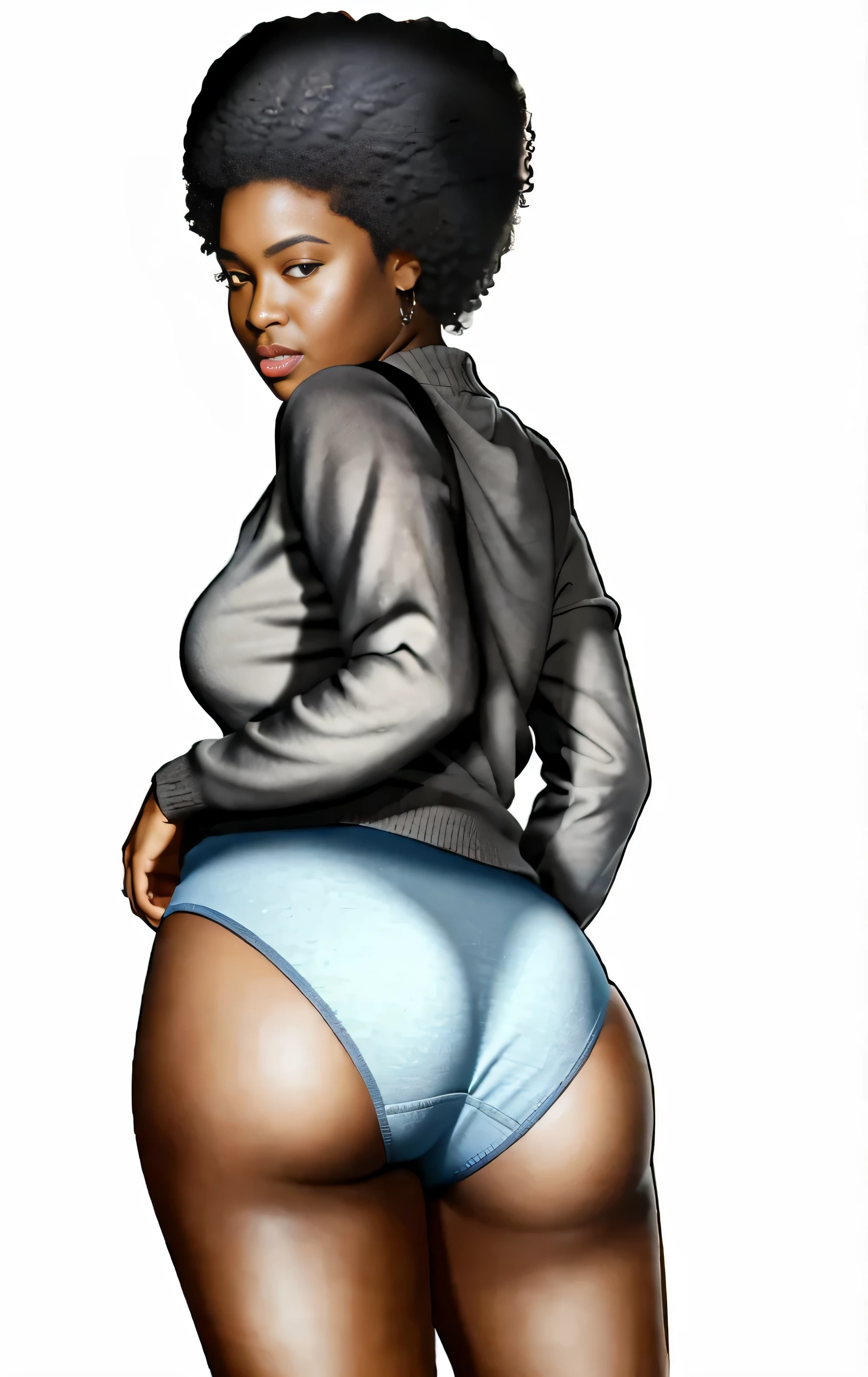 ((masterpiece, best quality)), ((33 year old)), (((Curvy))), ((Black woman with large afro)), in ((light blue fullback cotton panties)), beige sweater, ((Large hips)), (((photo realistic))), ((90's film, 90's movie scene, 90's TV Style))