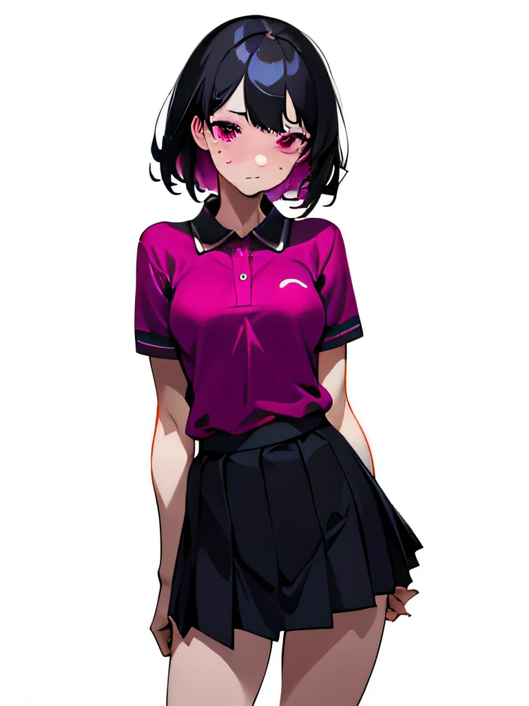 No bra, lower body, Japanese, very short, pubic hair, beautiful breasts, embarrassed, shyness, worries, beautiful breasts, black hair, standing, arms, magenta polo shirt, small breasts, lifts the skirt by oneself
