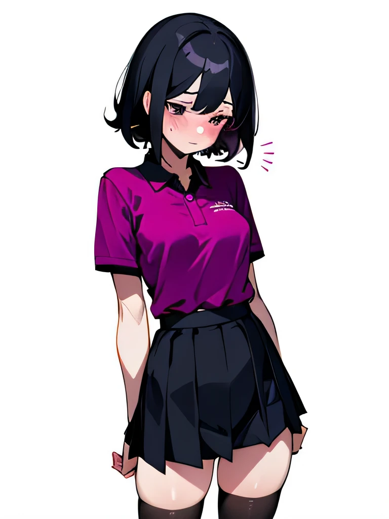 No bra, lower body, Japanese, very short, pubic hair, beautiful breasts, embarrassed, shyness, worries, beautiful breasts, black hair, standing, arms, magenta polo shirt, small breasts, lifts the skirt by oneself, panty shot