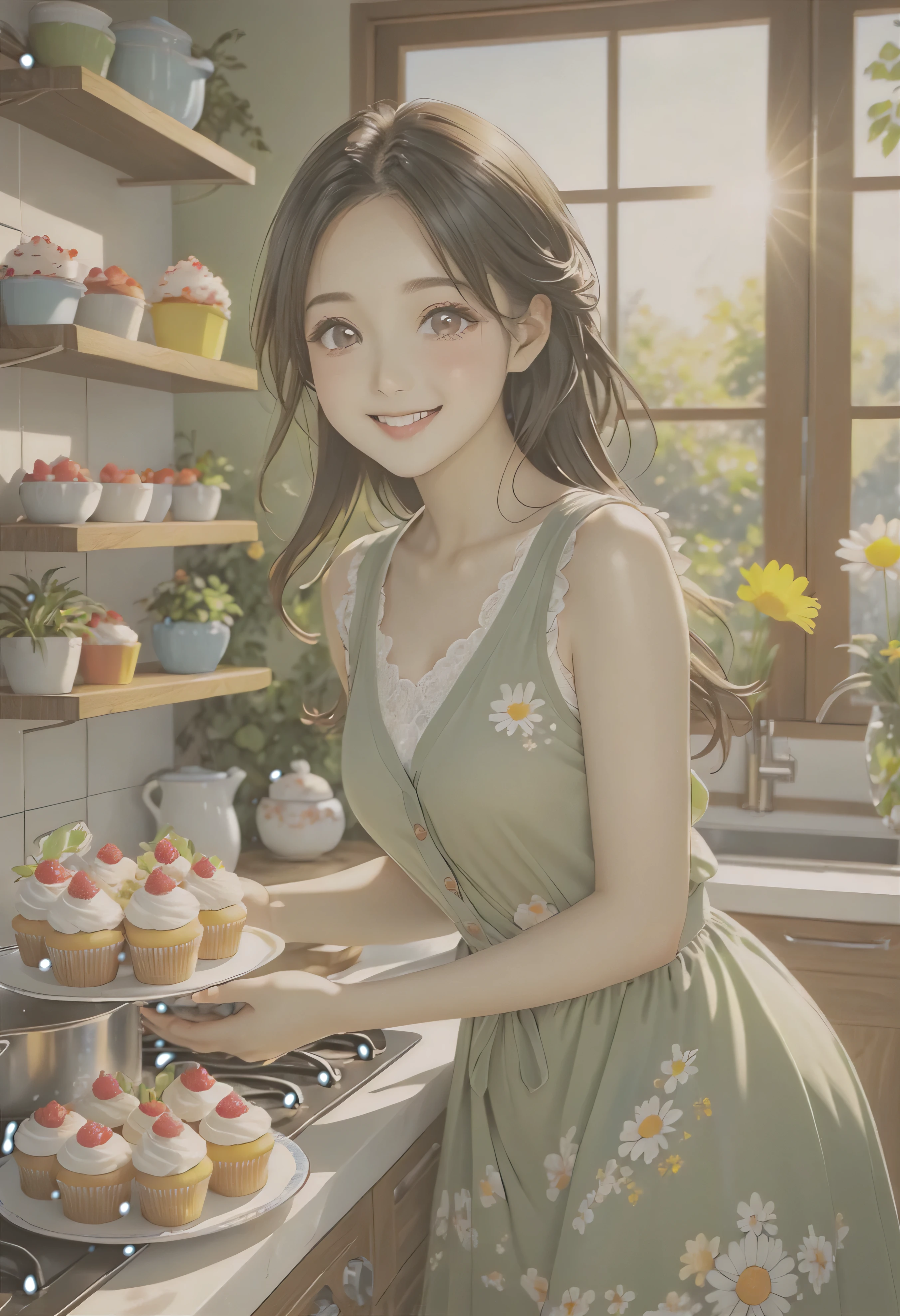(8K、Raw photo、highest quality、look up:1.2、masterpiece:1.2、genuineistic、ultra high resolution、high contrast、photon mapping、genuine、Super detailed、official art, Raw photo、professional lighting、 light、Vivid atmosphere、twicelight)
title: 「Spring kitchen joy」
explanation: This beautiful anime artwork、In the kitchen with large windows that let in the bright sunlight.、It depicts a girl preparing cupcakes with flowers in her hands.。she is 15 years old、Height: 150cm、She has fair skin and a light brown ponytail with a green ribbon.。She is wearing a moss green sleeveless dress and a green see-through cardigan.、Wearing a light green apron、Delicate facial expressions and moist eyes decorate a beautiful face.。
Outside the kitchen, plants and flowers are painted in the bright spring sunlight.、The kitchen shelves are decorated with tasteful accessories and small potted plants.。I'm boiling water in a pot on the stove in the kitchen.、The cooking table is filled with cut-up finished cakes and colorful cooking utensils.。The girl looks kindly at her older sister who is sharing moments of fun and joy with her.、Transfer the finished cake to a plate.、looking happily。
This artwork is、It expresses the joy of a young girl in a bright and fun atmosphere.、It will evoke warm feelings in the viewer.。