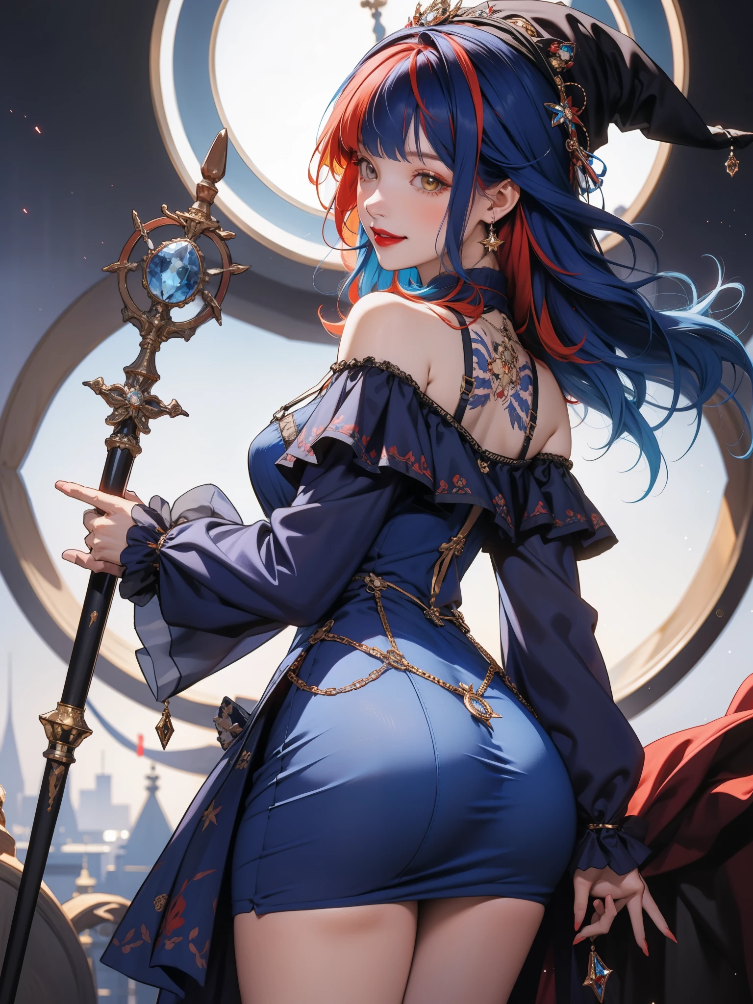 perfect eyes:1.2, detailed eyes:1.4, off shoulder, ass, from behind, red and blue, cxzg \(manaka nemu\), red inner, blue hair, colored inner, blue dress, short dress,  red bangs, smile, long hair, holding staff, wizard staff, witch hat:1.2, two-tone hair, multicolored hair, back tattoo, long sleeves, cutout dress, makeup, lipstick, 1girl, solo, (masterpiece:1.6, best quality),