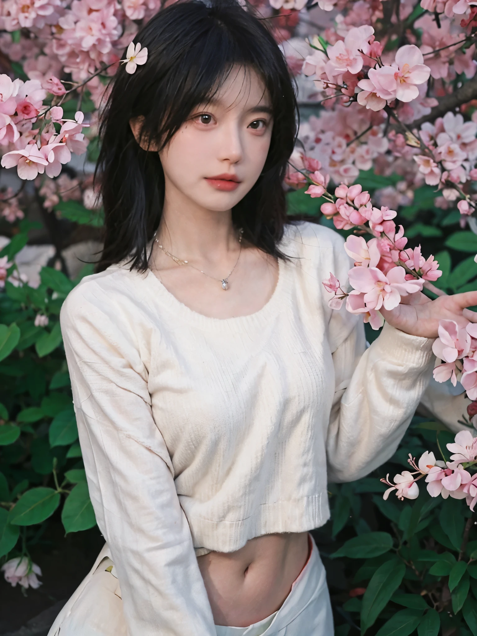 best quality, ultra high resolution, (realistically:1.4),Baoyu Girl,1 girl, long, straight hair,Looking into the distance,Under the cherry blossom tree,red short sweater,a sense of atmosphere,Beautiful woman with slim figure:1.4, abdominal muscles:1.1,,Super thin face,exquisite eyes,double eyelids,necklace