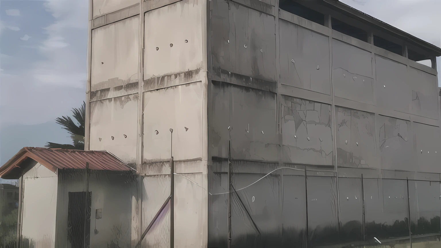 there is a tall building with a clock on the top of it, concrete building, concrete walls, wall structure, big poor building, a gigantic wall, rough concrete walls, brutalist appearance, building facing, old building, abandoned warehouse, abandoned building, building cover with plant, leaked image, big impact hit on the building, concrete housing, detention centre