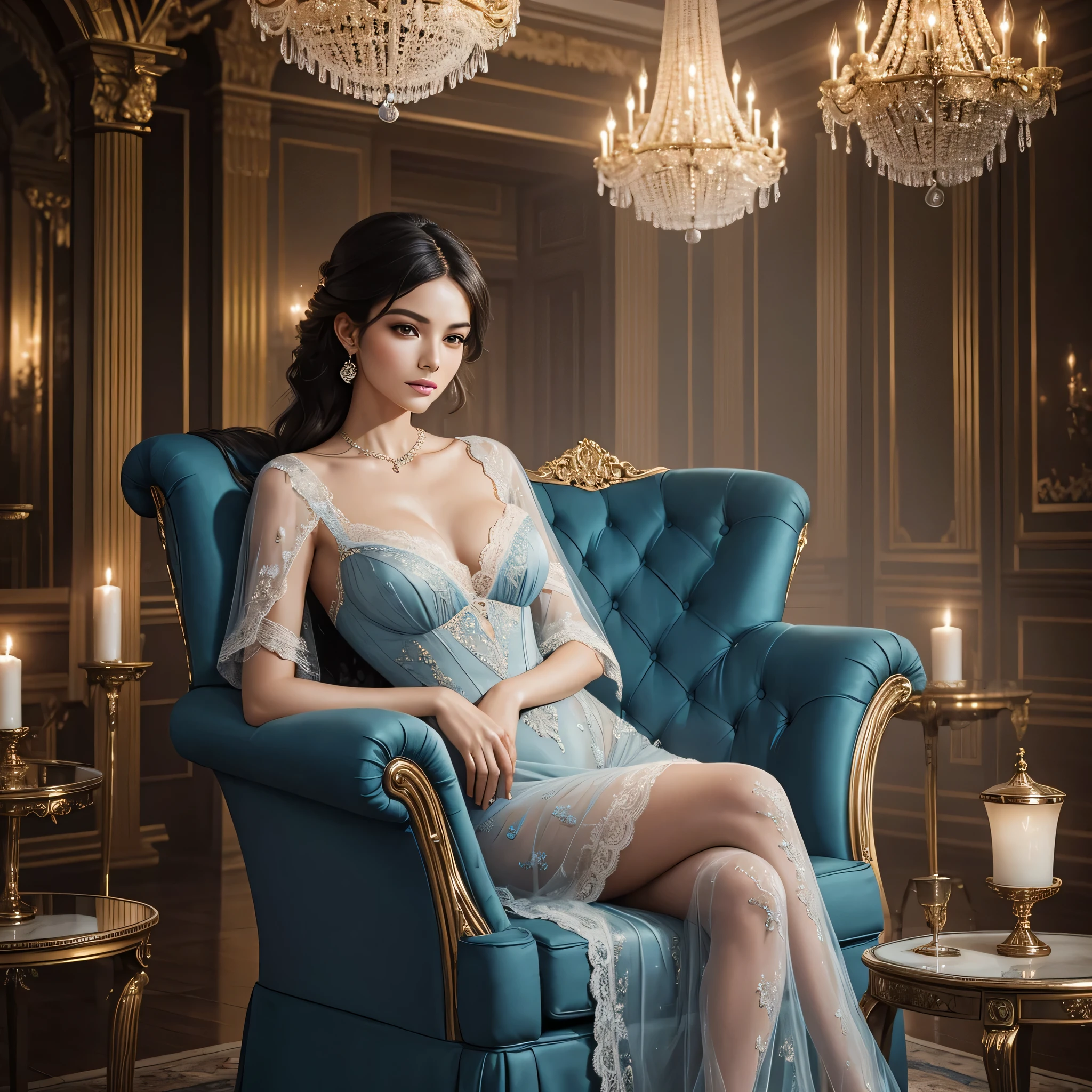 In an opulent room veiled in misty clouds of smoke, a woman poses elegantly on a vintage blue chair. The ambiance is rich with the aroma of luxury and intrigue. Clad in a delicate lace ensemble that speaks of refined taste, her look invites an allure of classic beauty with a modern twist. The room, adorned with classical art and the soft glow of chandeliers, sets the stage for a night of sophisticated revelry.